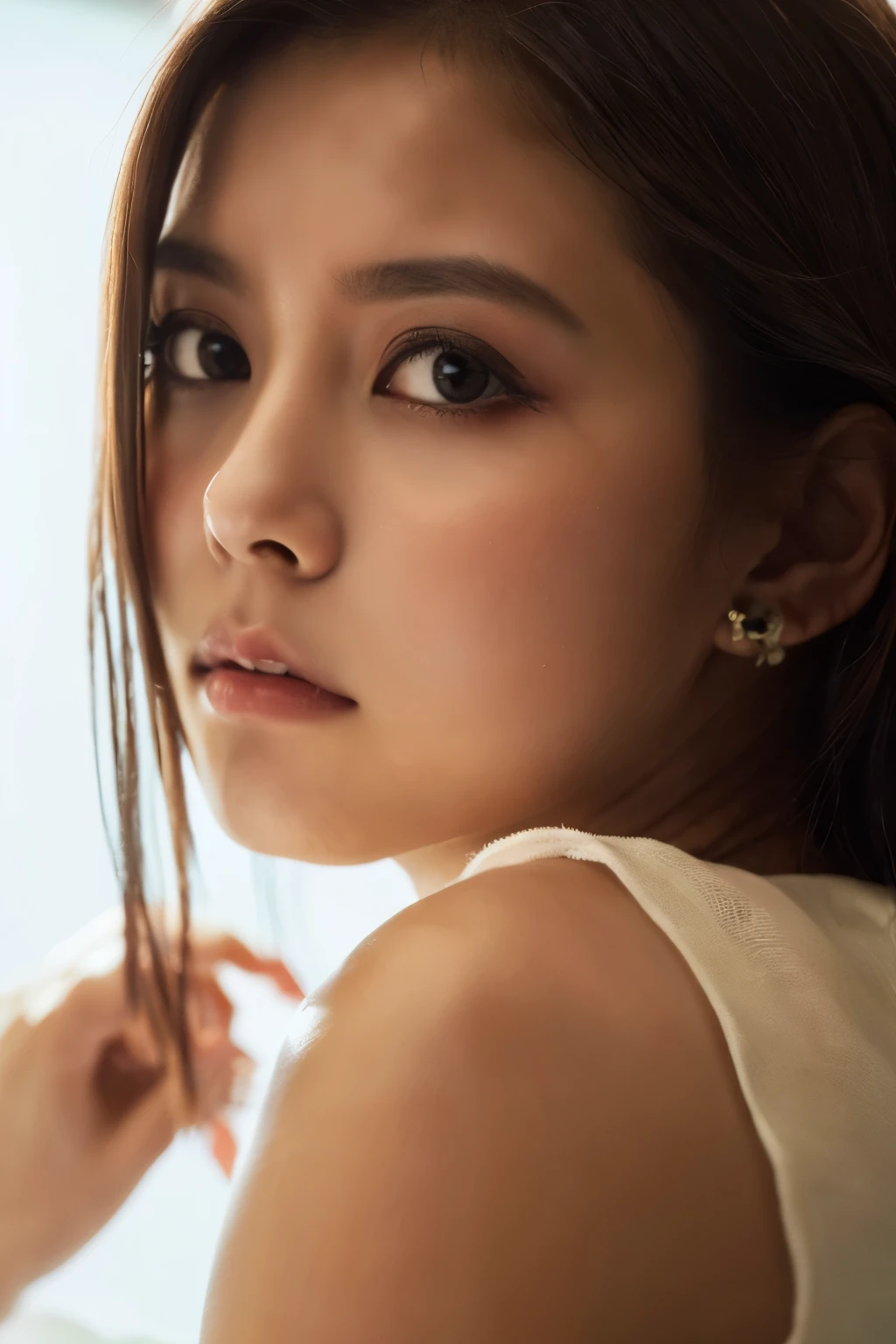 (8k), (best quality), (masterpiece:1.2), (realistic), (photorealistic:1.37), ultra-detailed, in a photo studio posing for pictures, in fashion, upper body, sleepy eyes, drowsy eyes, dozy eyes, dull eyes, vacant look, a fishy look, blank look, empty look, glazed look, shoot from side,