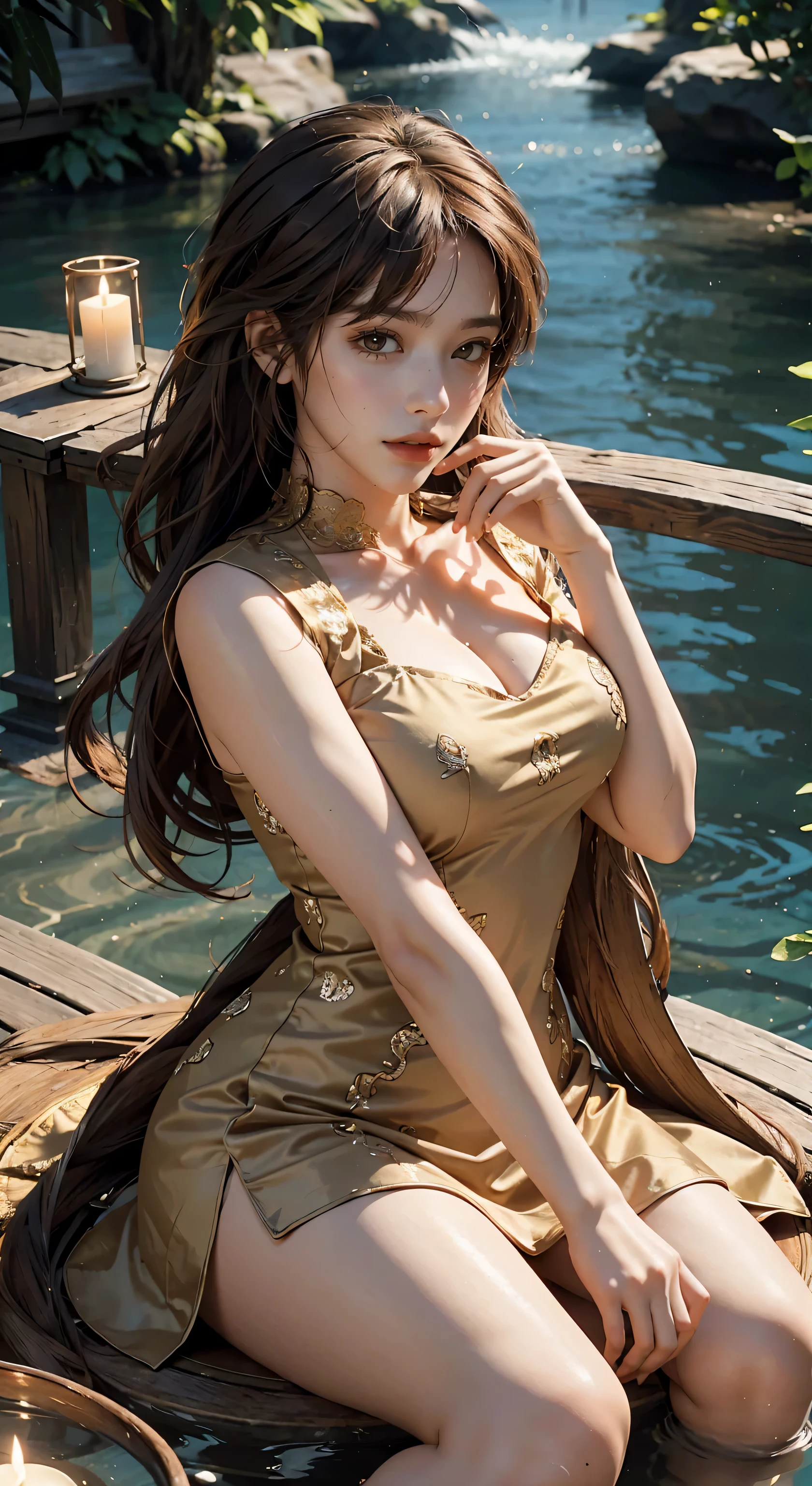 Sitting on a bridge full of river lanterns, feet playing in the water, the art depicts a charming woman dressed in a brown flower flowing, silky traditional oriental dress, brown, decorated with intricate patterns and relate colors. Her dress drapes elegantly over her curvy figure, accentuating her seductive silhouette. She sits gracefully by the tranquil lotus lake, her feet playing in the water, bathed in the soft glow of the moonlight. The scene exudes an ethereal and dreamy atmosphere, with a touch of mystery and sexiness. The graphic style blends watercolor and digital illustration techniques to evoke a refined beauty and charm. The lights are filled with soft moonlight, casting soft highlights and shadows on her charming features. Bare thighs, big breasts, three-dimensional facial features, sitting, upturned legs, side braids , beautiful girl long light brown hair and brown eyes looks like yoo sangah from omniscient reader's viewpoint