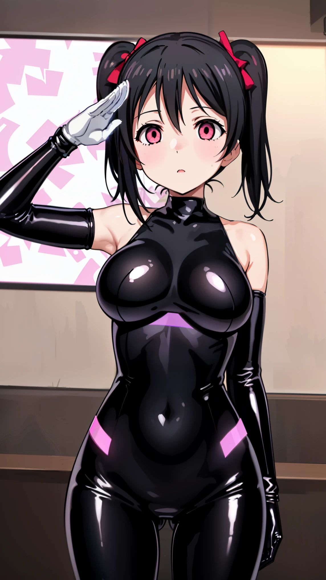 1 girl,NSFW,Nico Yazawa, (lovelive), clavicle, absurd, brainwashing,Combatant, empty eyes,((purple glowing eyes 1.5)), (huge breasts 1.5), No expression, emotions are removed,((black latex tight bodysuit)),avert your eyes , whole body shape, ((stand up, salute)),(highest quality、4k、8K、High resolution、must have:1.2)、Super detailed、(reality、that's reality的な、reality的な:1.37)、ticker、hyper hd、studio lighting、ultra definition paint、sharp focus、Physically based rendering、extreme details、Professional specifications、vibrancy and color、blurry、sports portrait、landscape、horror style、anime big breasts、SF、photograph、concept artist、five fingers, perfect body, {{{masterpiece}}}, {{{highest quality}}}, {{Super detailed}}, {shape}, {{very delicate and beautiful}},Improved cost performance、all roles、Canon 5D MK4でphotograph、photograph,