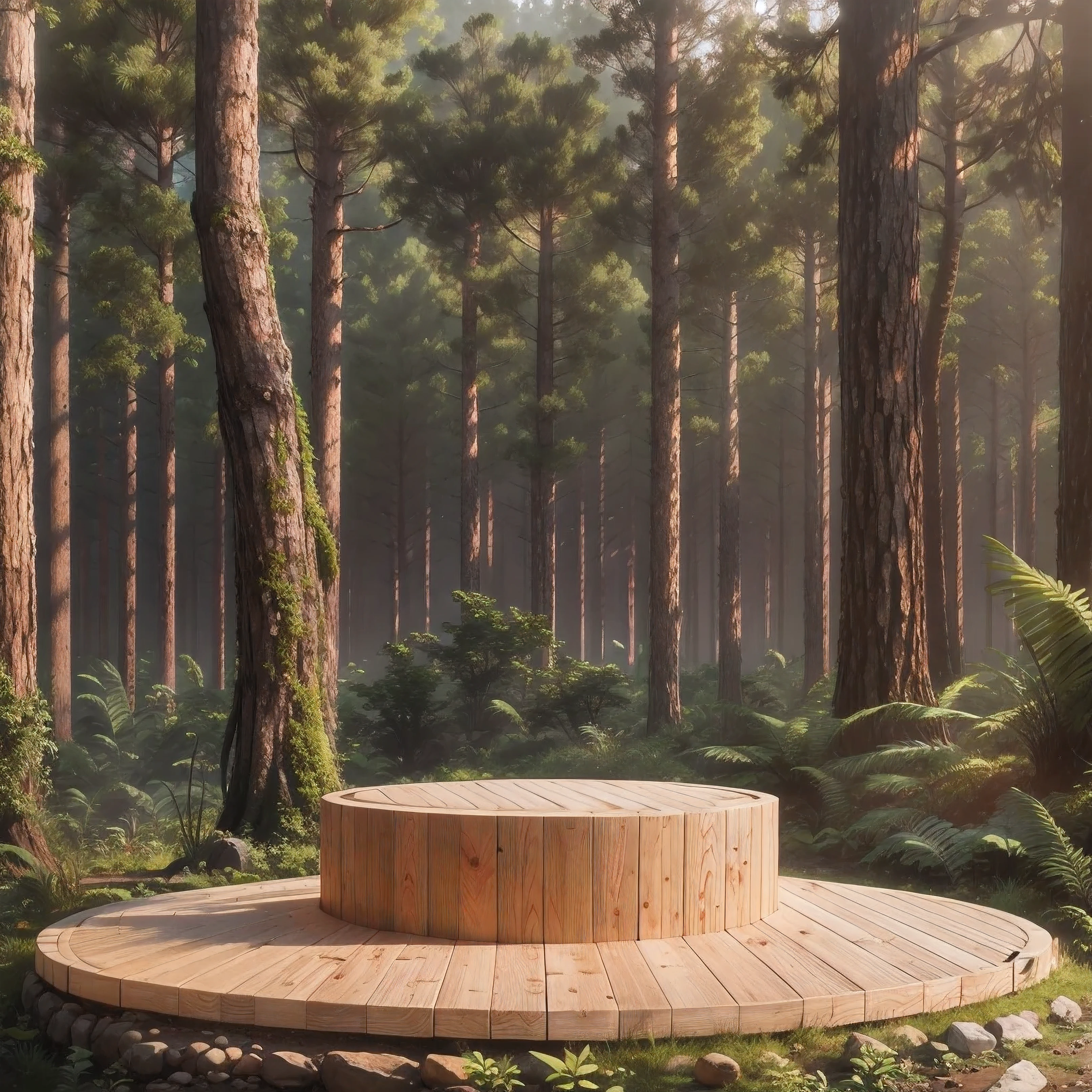 wooden podium scene of wooden disc shape mockup with forest background