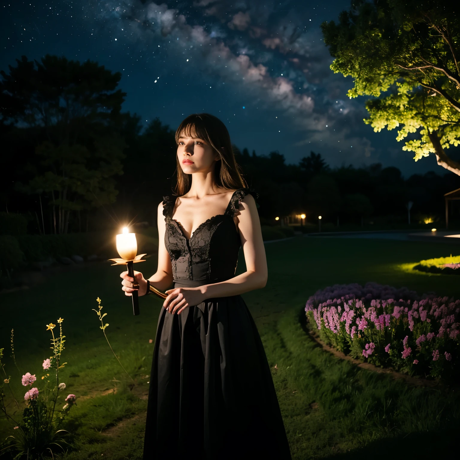 a girl with intense eyes,holding a glowing magical sword,in a mysterious and enchanting garden,under a starry night sky,emitting a soft blueish light,with delicate flowers and plants surrounding her,the atmosphere is filled with a sense of wonder and magic (best quality,highres),artistic and fantasy style,with vibrant colors and a dreamy color palette,with dramatic lighting that enhances the mystical ambiance