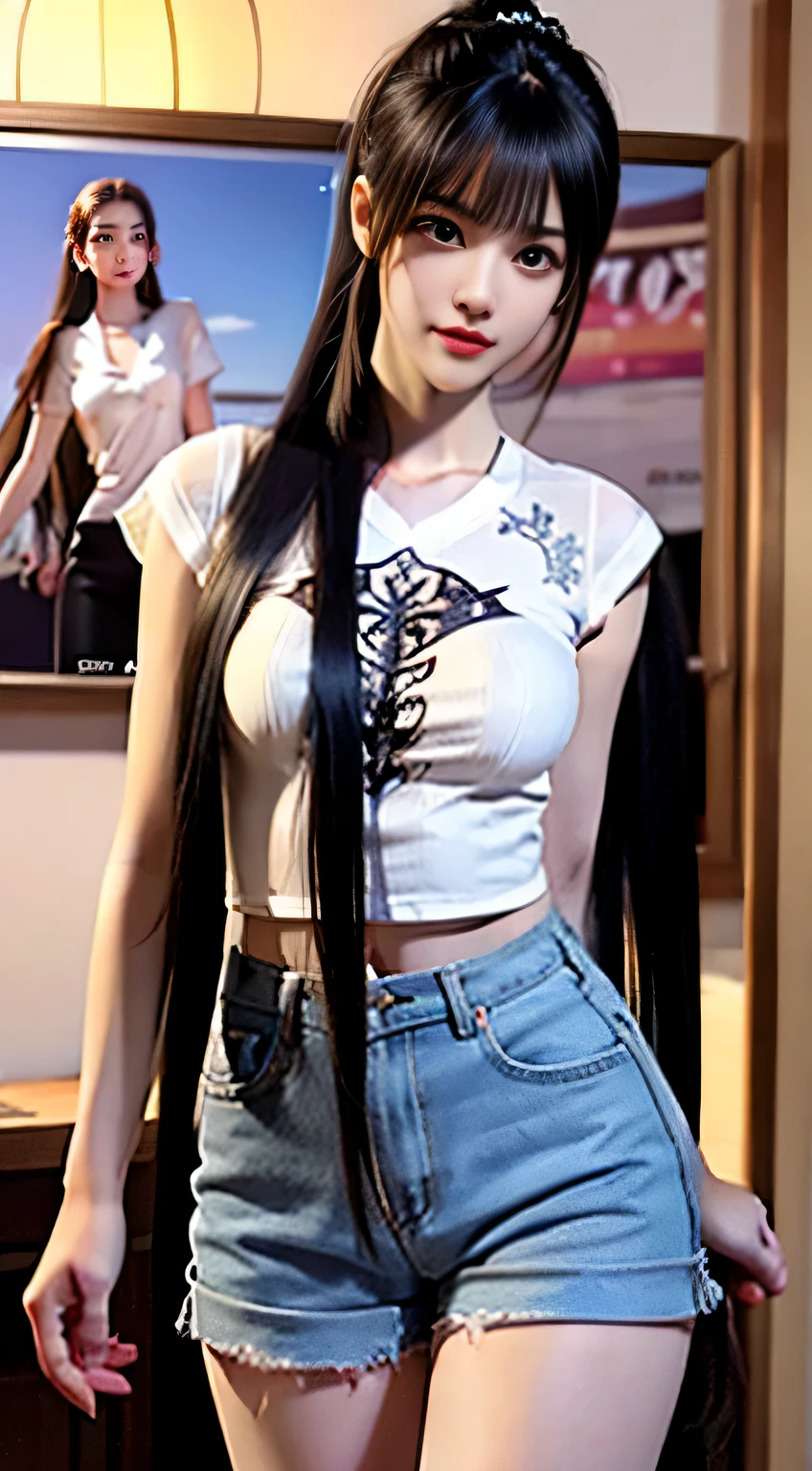 on the street corner,single ponytail,side ponytail,high ponytail,tall figure,long legs,(sleeveless lace shirt),(shorter pants),((stripe)),((stripe)),walk,grace,dignified,charming,grace like a swan,sweet smile,Strong sense of detail and layering,Rich and brilliant colors,it has a unique texture,colorful,Color harmony,vivid,design art,16K,Super detailed,{{illustration}},{extremely delicate and beautiful},{Exquisite makeup},super detailed,Exquisite glowing eyes,{{movie lighting}},Extremely high light efficiency,Model: realistic movie, CFG size: 12, Laura: Bright texture(1.35),high quality,masterpiece,Exquisite facial expressions,Delicate hair depiction,Delicate depiction of eyes,masterpiece,最high quality,Ray tracing,Extremely detailed CG unified 8k wallpaper,masterpiece, best quality,(1个Giant Breast Girl),perfect female figure,(breast enlargement:D cup),(((Skinny white T-shirt))),beautiful eyes,(delicate face),long black hair,hair accessories,in the classroom,(fair skinned),(best lighting),(Extremely complex and detailed),4K unified,(Super detailed的CG),Showing white legs,livestock,hot pants,shorter pants,
