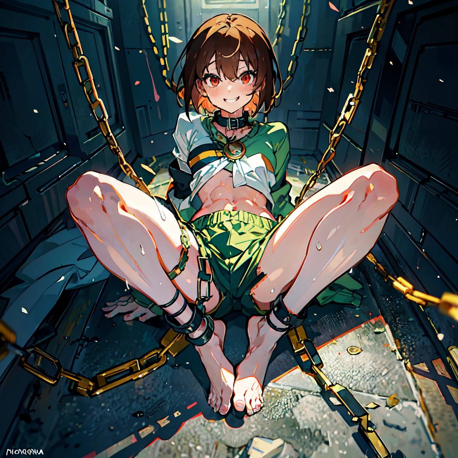 Anime，In a cage，whole body，happy smile, Sticking out  tongue，Binding band，handcuffs，Hands bound by handcuffs from above，Sweating profusely, wet clothes，Limb restraint，Large chest，Bound，Chara ，canon ，fanon ，green striped sweater ，shorts ，red eyes ，brown hair ，short hair ，barefoot， Green thong ，blush ，locket ，scoop neck，Leg rings, ankle shackles, chains，collared ，saliva，squatting，spread legs apartwhite jacket，Collar，Opening on the clothes，show back muscles，Showcasing abdominal ，Sexy muscles，Muscles, abdominal muscles，toes，Floor tiles，Iron chains