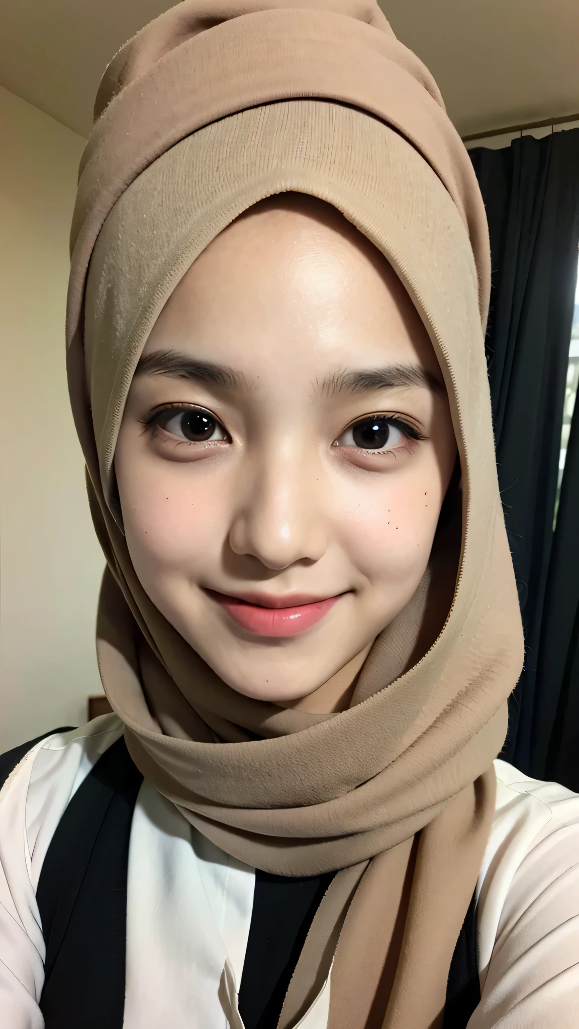 ((best quality)), ((masterpiece)), 1 girl, perfect face, indonesia, hijab, sharp nose, smile, half body, home, selfie, junior high school