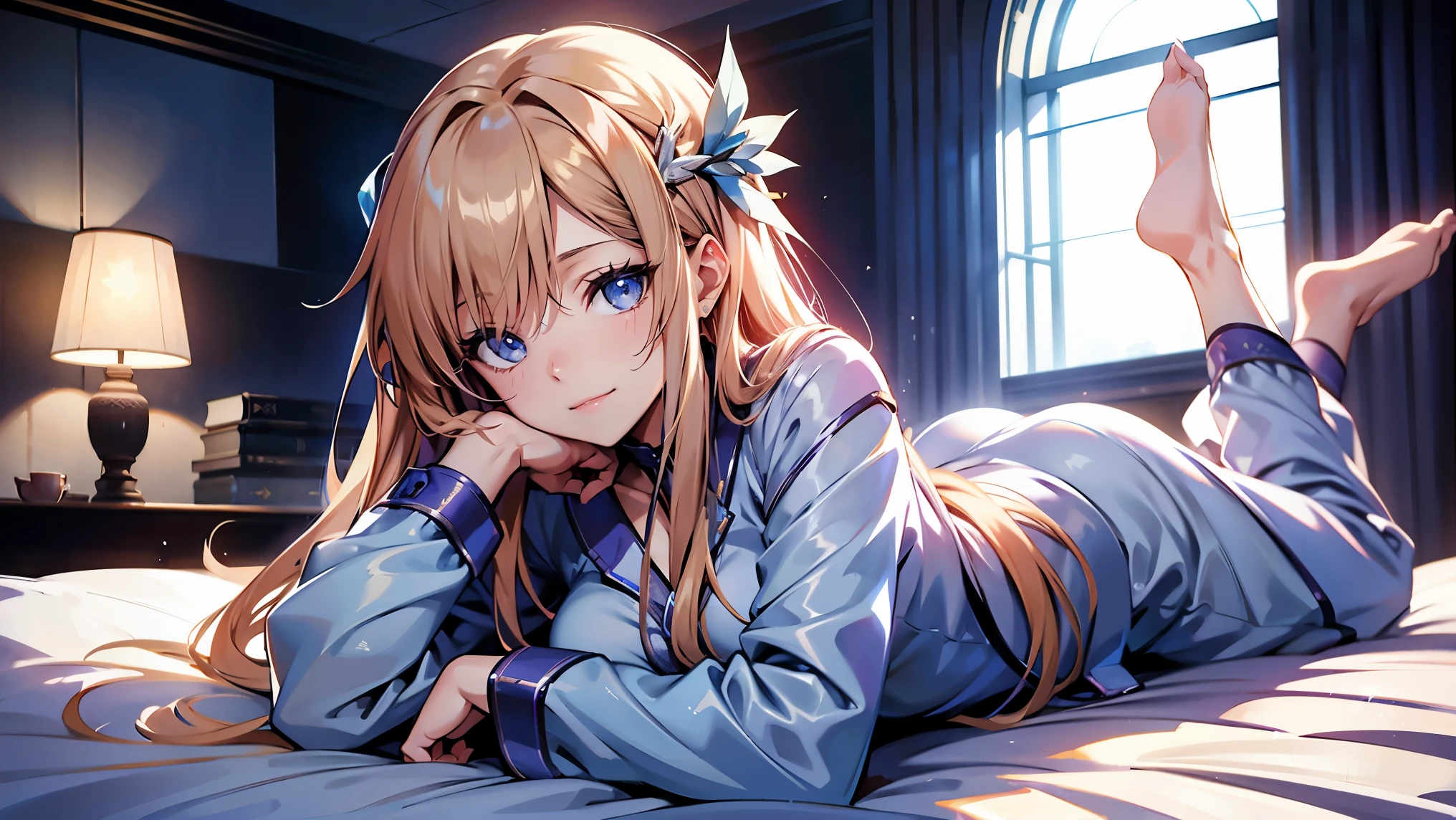 Asuna, Asuna_(Star), 1 girl, fantasy, high resolution,  watching_leave, watching_arrive_this_side,  The original, actual,  FULL body, Smile, Lying in bed in pajamas,