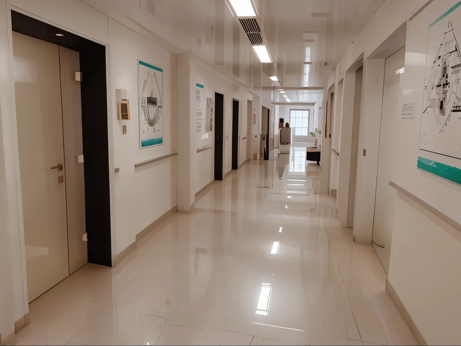 long white corridor in hospital,bright,How many seats are there, interior architectural landscape, best rendering, interior design details, interior design architecture, concept , interior background art, visual development, concept drawing, anamorphic illustration, modern style, High quality color sketch, concept art highly detailed, Beautiful artist rendering, 8K, peace master