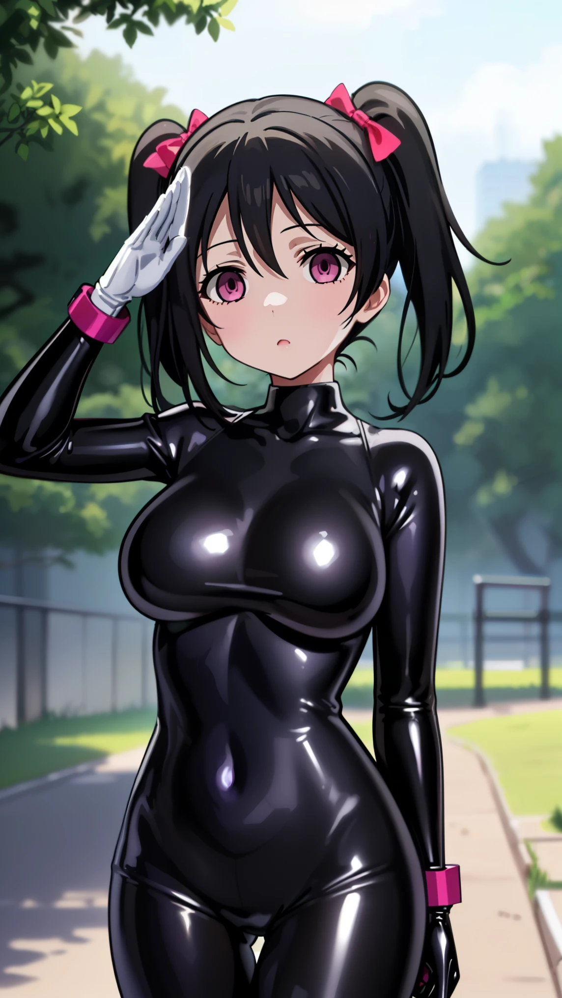 1 girl,NSFW,Nico Yazawa, (lovelive), clavicle, absurd, brainwashing,Combatant, empty eyes,((purple glowing eyes 1.5)), (huge breasts 1.8), No expression, emotions are removed,((black latex tight bodysuit)),avert your eyes , whole body shape, ((stand up, salute)),(highest quality、4k、8K、High resolution、must have:1.2)、Super detailed、(reality、that&#39;s reality的な、reality的な:1.37)、ticker、hyper hd、studio lighting、ultra definition paint、sharp focus、Physically based rendering、extreme details、Professional specifications、vibrancy and color、blurry、sports portrait、landscape、horror style、anime big breasts、SF、photograph、concept artist、five fingers, perfect body,  {{{masterpiece}}}, {{{highest quality}}}, {{Super detailed}}, {shape}, {{very delicate and beautiful}},Improved cost performance、all roles、Canon 5D MK4でphotograph、photograph, 