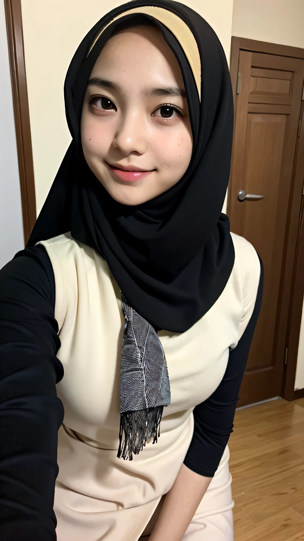 ((best quality)), ((masterpiece)), 1 girl, perfect face, indonesia, hijab, sharp nose, smile, full body, home, selfie, junior high school