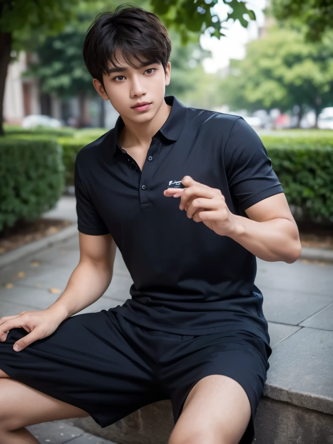 boy, y.o, handsome, allu arjunface, comma hair, city park , person looking at the camera, body move on camera side