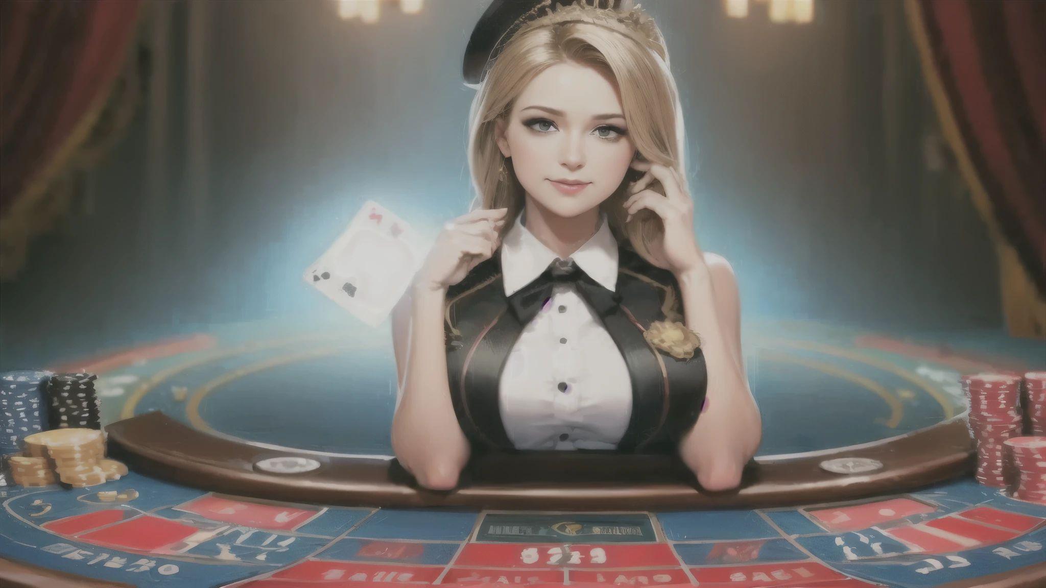 a woman in a casino dress sitting at a roulet table, online casino logo, casino, indoor casino, gambling, futuristic casino, poker face, child, playing poker, poker card style, launch image, poker, Sakimi, available images, childg, Royal Land, magician, Jody Herrol, casual games, pleasant, inside a casino