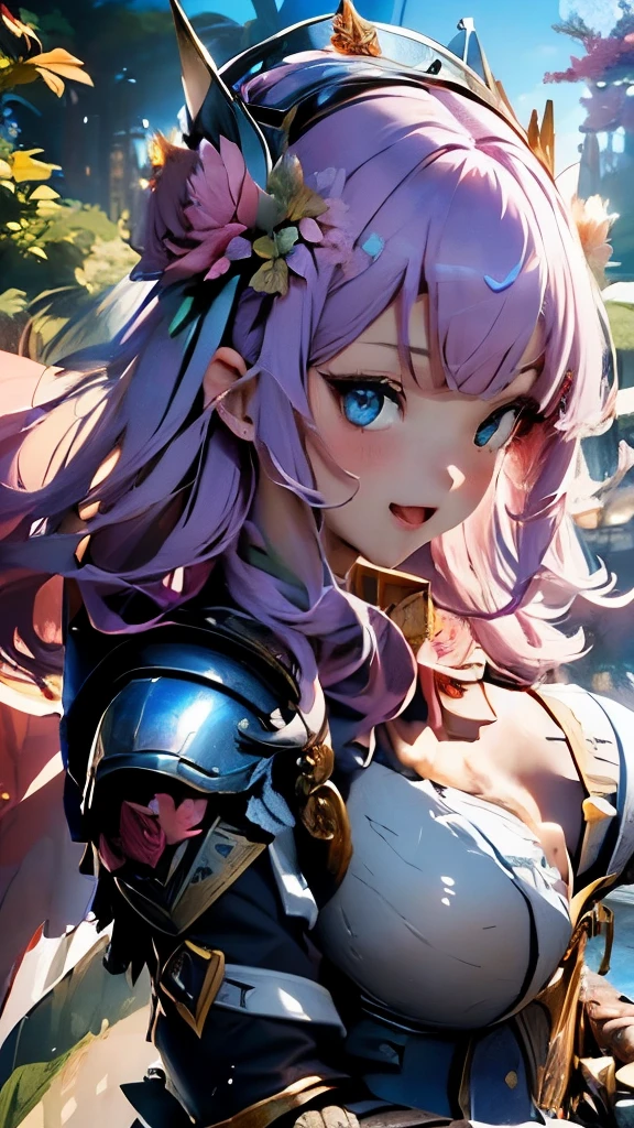 masterpiece、High resolution、highest quality、4k、(((whole body)))、1 beautiful girl、real anime、swordsman goddess、((バラの花のようなarmor、ビキニarmor、ドレスarmor、armor))、rose flower accessories、Big eyes、cute eyes、red hair、side tail、(((open mouth smile)))、cheek、raising one hand、holding a sword in one hand、(((super big breasts、cleavage、白色の女神のピンクのwing、wing、rose flower tiara)))、Background with many blooming roseany petals are flying、