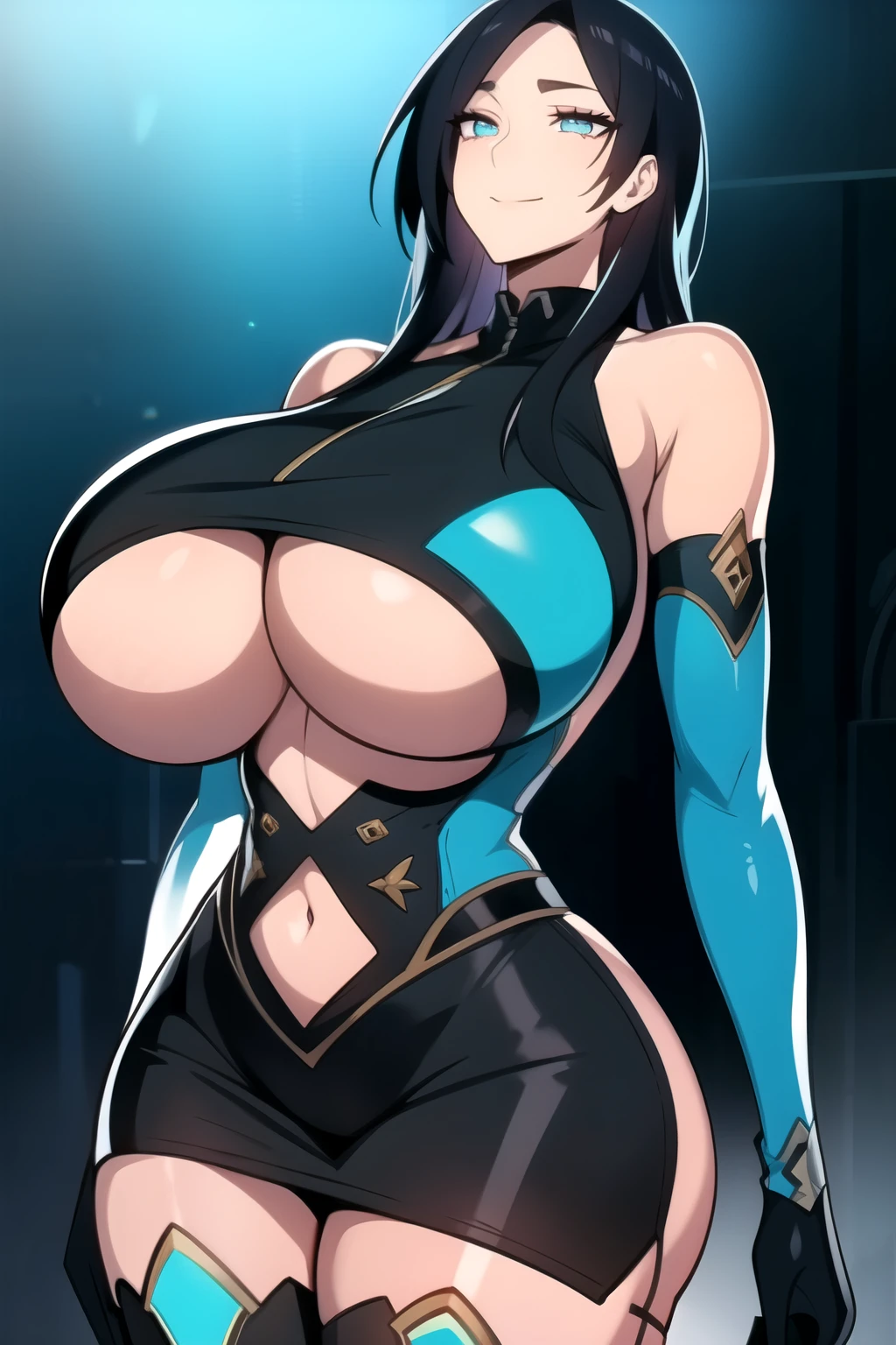 masterpiece, best quality, absurdres, 8k, perfect shadows,perfect lighting,hdr, cowboy shot,shiny skin,skindentation, beautiful body, kafka, ((black hair: 1.4)), long hair, (turquoise eyes: 1.4), ((black crop top : 1.1), (underboob : 1.1), elbow gloves, thigh boots, split skirt, bare shoulders, curvy, midriff, curvy, thighs, higheels, shiny clothes), complex detailed background, inside, luxury palace) (gigantic breasts,hourglass body, thin waist,very slim waist)extremely detailed face,detailed eye makeup, detail face, nice detailed eyes,nice hands, perfect hands (realistic pupils,realistic iris:1) heavy eye makeup,glowing eyes, Bright eyes,standing,standing at attention,(seductive smile), (gigantic breasts: 1.1) , curvy, cowboy shot,