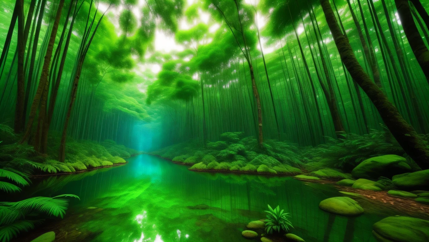Detailed matte painting of a Mesozoic giant fern forest landscape, realistic concept art, complementary color, 8K resolution, Art Station Trends, dramatic atmosphere, wide angle lens