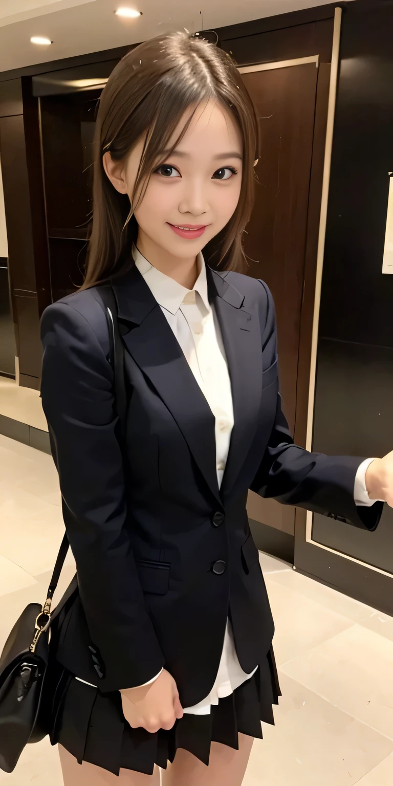 ((masterpiece:1.4))、((muste piece:1.4))、A woman with light brown hair is standing in a hotel lobby wearing a short black pleated skirt、very sexy costume, 厳格なWearing a suitいる、Stylish and glamorous cosplay, sexy costume, ファッションWearing a suitいる, Wearing a suit, dressed properly、黒色のタイトなWearing a suitいる, sexy look, suit、黒いWearing a suitいる、黒いWearing a suitいる、((smile:1.4))、