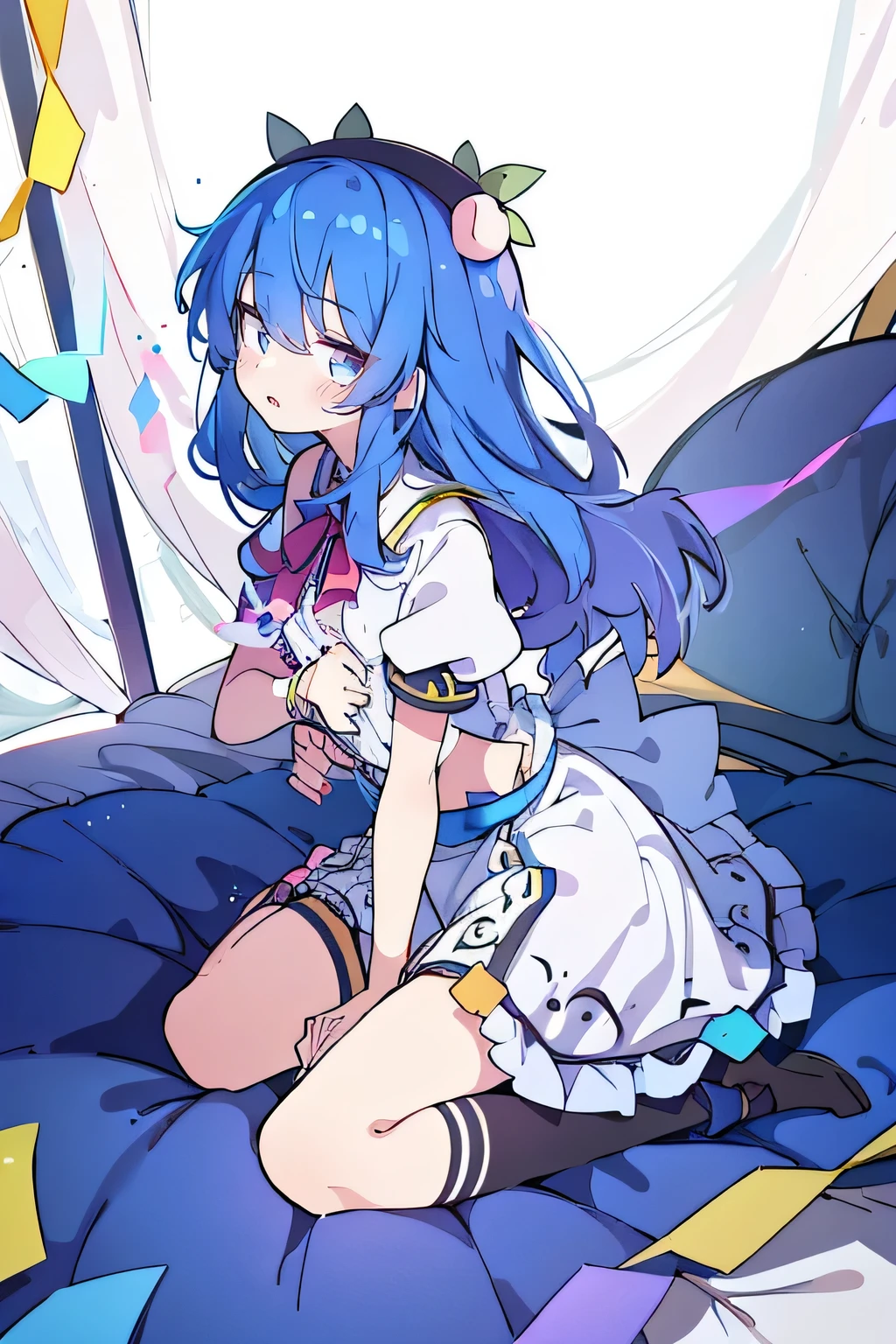 (masterpiece),best quality, expressive eyes, perfect face, 1girl,
hands on waist,beautiful, gorgeous,anime,girl,lora,hinanawi tenshi, blue hair, blue haired, floating clothes,waist grab, grabbing waist, mains sur les hanches , hands on hips,flat chest