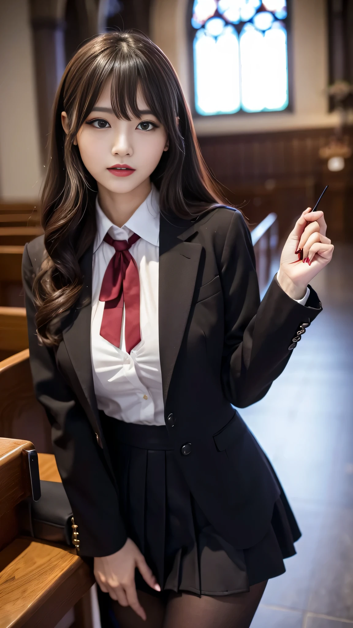 ltra-detailed、Japanese、attractive beauty、seductive adult woman、pretty woman、piercing eyes、cool girl、wavy hair、swept bangs、Female student、suit、Jacket、shirt、ribbon、blouse、Tight Skirt、pantyhose、beautiful feet、Evil cadres、evil depravity、brainwash、mind control、lipstick、smirk、dark makeup、hollow eyes,half-closed eyes、evil look、evil、empty eyes、evil、church at night、vampire、succubus、vampire、Swear allegiance、stand、