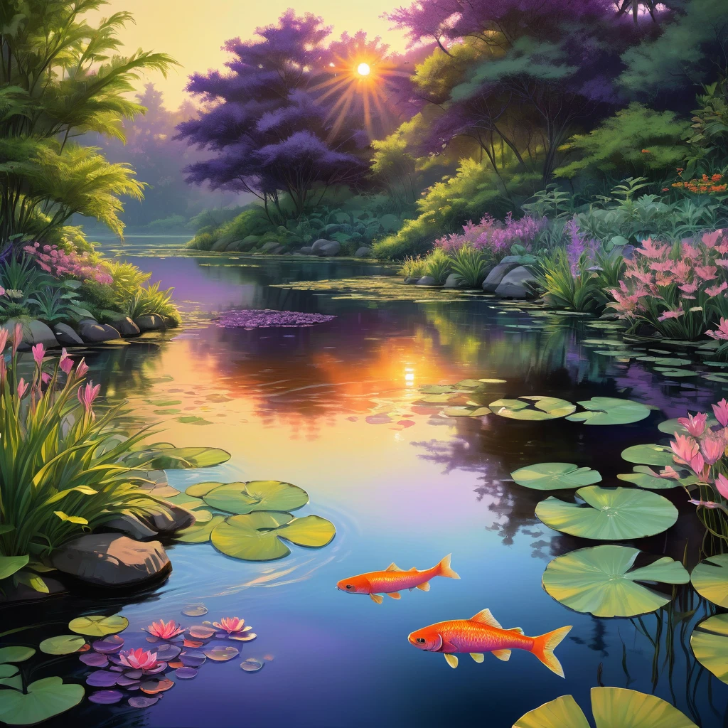 Evening Pond, aesthetic, A tranquil evening scene of a pond surrounded by lush vegetation, reflecting the warm glow of the setting sun on its calm surface. The medium used to create this artwork is oil painting, providing a rich and textured appearance. The pond is filled with crystal-clear water, allowing the details of the aquatic plants and colorful fish to be visible beneath the surface. The soft, golden light of the setting sun bathes the scene, creating a serene and peaceful atmosphere. The colors used in this artwork are warm and vibrant, with shades of orange, pink, and purple dominating the palette. The lighting in the scene is gentle, with the sunlight filtering through the trees and casting elegant shadows on the water's edge. The overall image quality of this artwork is of high resolution, delivering stunning details that captivate the viewer's attention.