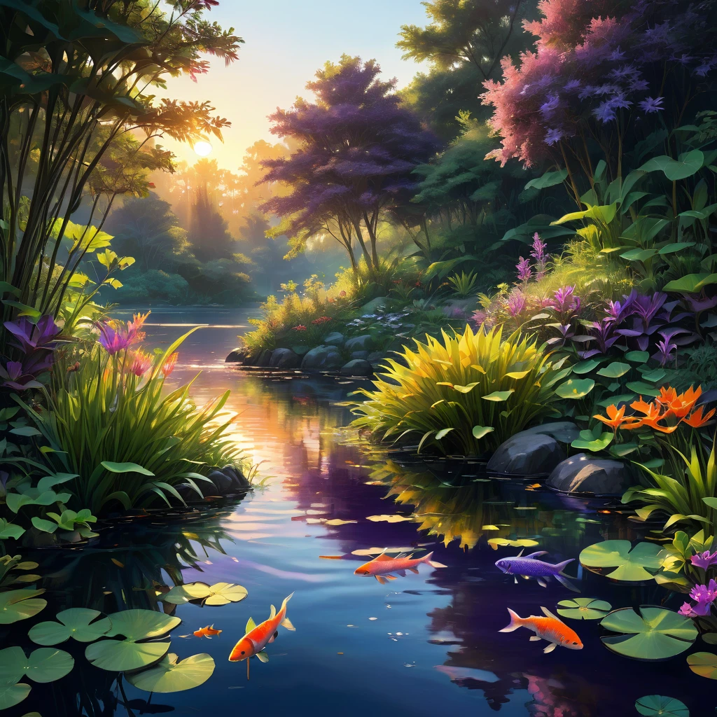 Evening Pond, aesthetic, A tranquil evening scene of a pond surrounded by lush vegetation, reflecting the warm glow of the setting sun on its calm surface. The medium used to create this artwork is oil painting, providing a rich and textured appearance. The pond is filled with crystal-clear water, allowing the details of the aquatic plants and colorful fish to be visible beneath the surface. The soft, golden light of the setting sun bathes the scene, creating a serene and peaceful atmosphere. The colors used in this artwork are warm and vibrant, with shades of orange, pink, and purple dominating the palette. The lighting in the scene is gentle, with the sunlight filtering through the trees and casting elegant shadows on the water's edge. The overall image quality of this artwork is of high resolution, delivering stunning details that captivate the viewer's attention.