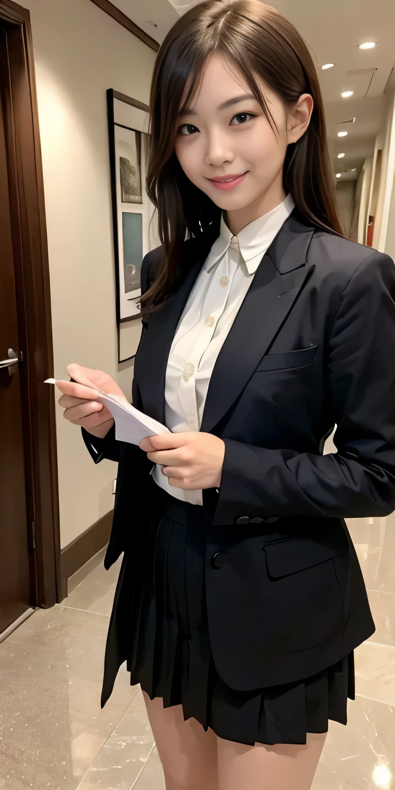 ((masterpiece:1.4))、((muste piece:1.4))、A woman with light brown hair is standing in a hotel lobby wearing a short black pleated skirt、very sexy costume, 厳格なWearing a suitいる、Stylish and glamorous cosplay, sexy costume, ファッションWearing a suitいる, Wearing a suit, dressed properly、黒色のタイトなWearing a suitいる, sexy look, suit、黒いWearing a suitいる、黒いWearing a suitいる、((smile:1.4))、