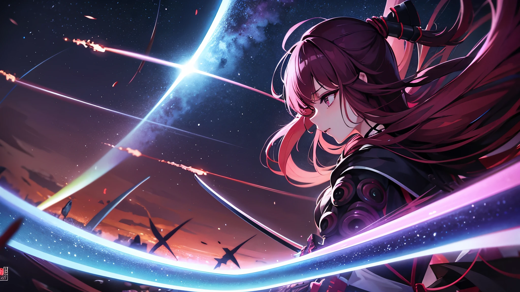 anime de samurai futurista nua no campo de batalha com sua armadura e katanas, mar de sangue ao redor do samurai, with purple aura behind and ash flying, fogo saindo da espada, espada vermelha com sangue, poder da alma, night sky, detalhado, corpo inteiro, perfil completo