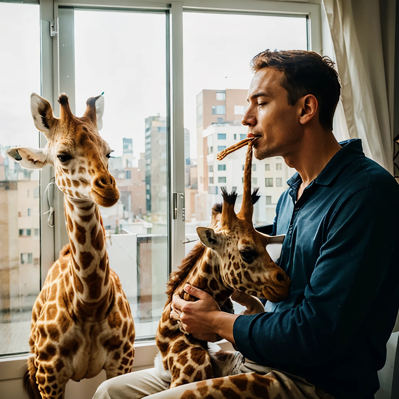 Funny Giraffe biting man sitting on window