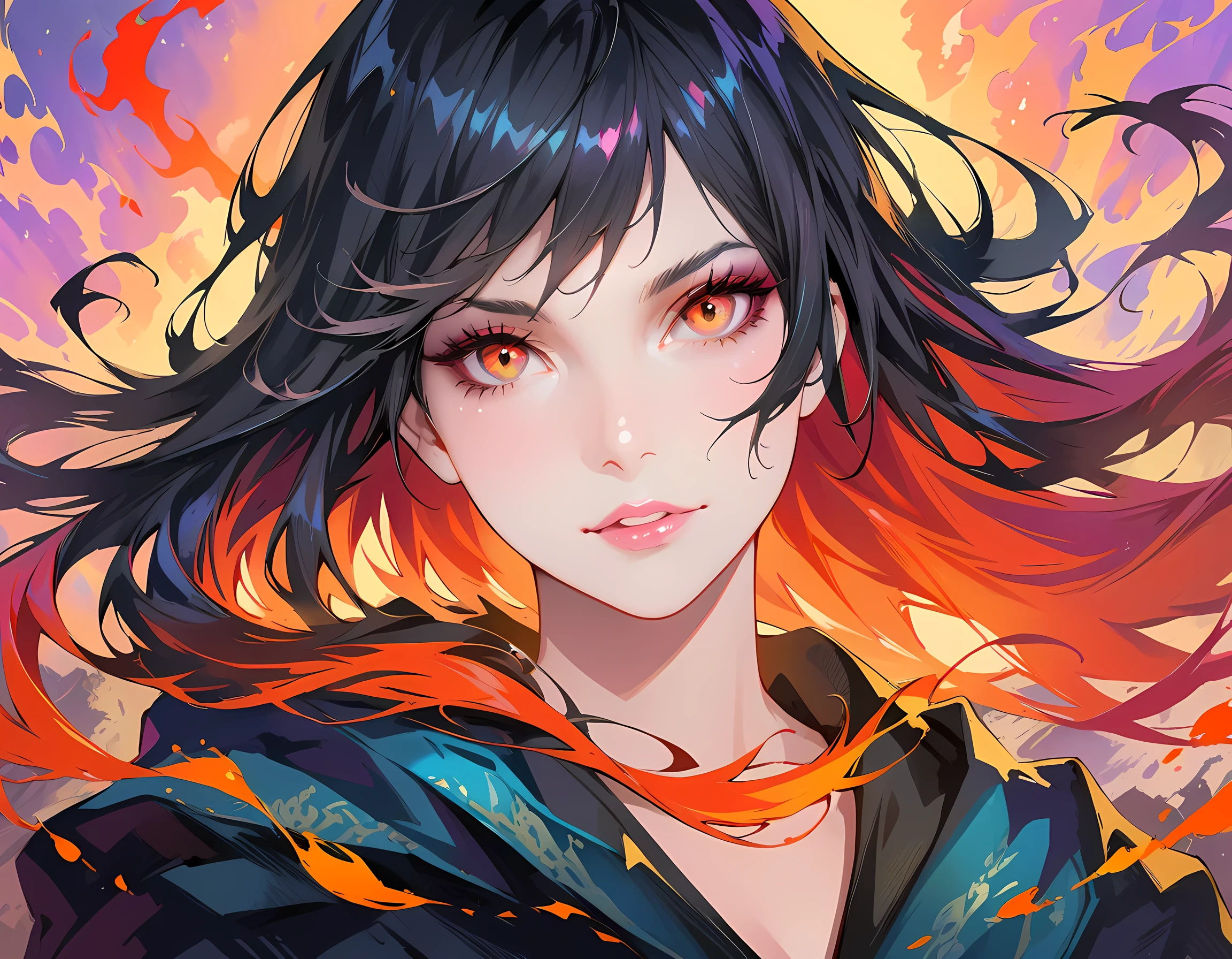 (best quality, highres, realistic:1.37), fire spirit portrait, detailed eyes and lips, flowing fiery hair, glowing ember skin,intense gaze, vibrant colors, fantasy atmosphere, oil painting medium, magical sparks, enchanting background, dramatic lighting