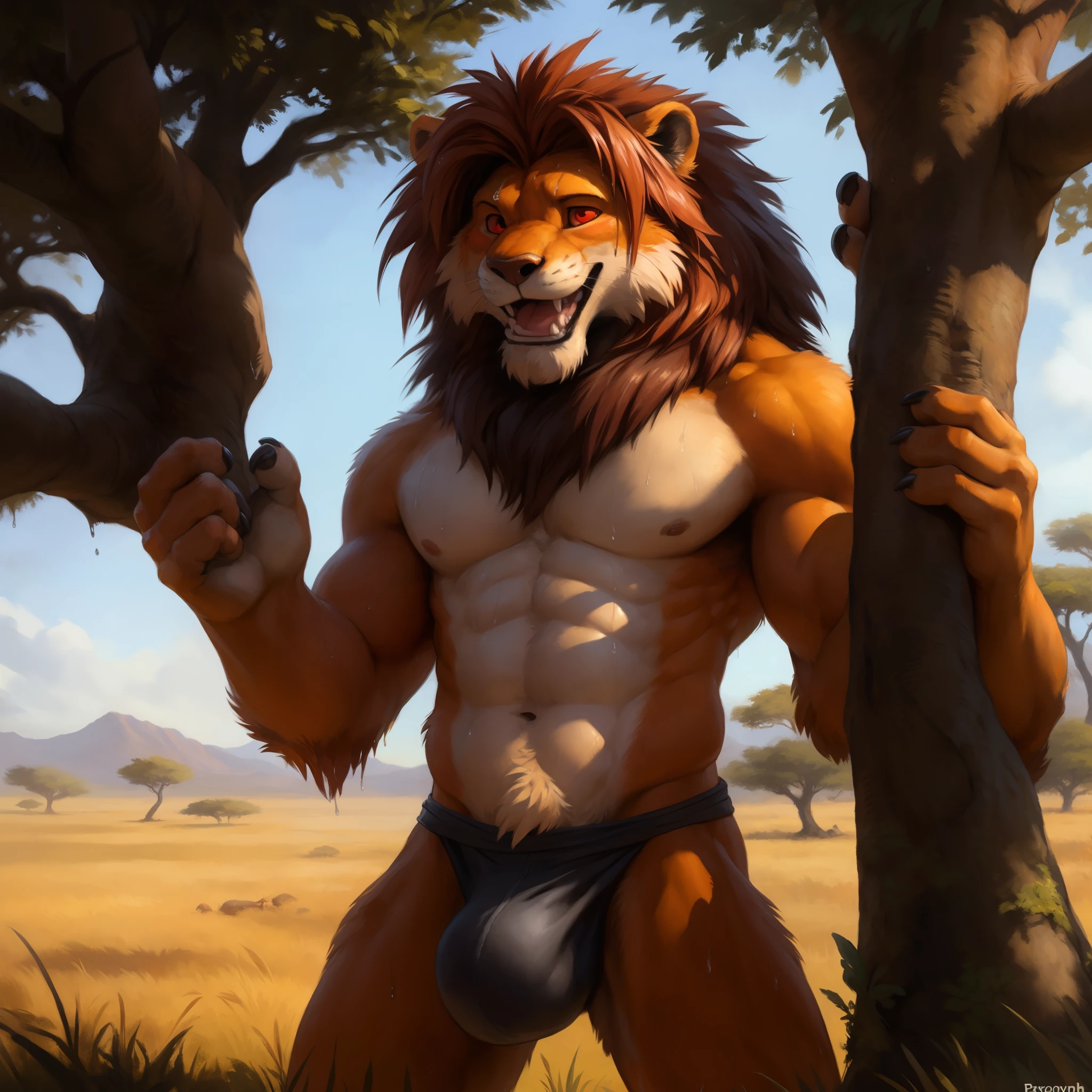 (((solo))), furry, 8k, fine details, a beautiful and detailed full-size shot of a male anthro barbarian Simba, kenket, Ross Tran,ruan jia, trending on artstation,foxovh, nude, cenematic lighting, white underwera, big bulge, wet, sweating, blush, smile, front view, open mouth, seductive, sensual, standing, against tree, shy, free hands, outside, tree, savanna, red eyes
