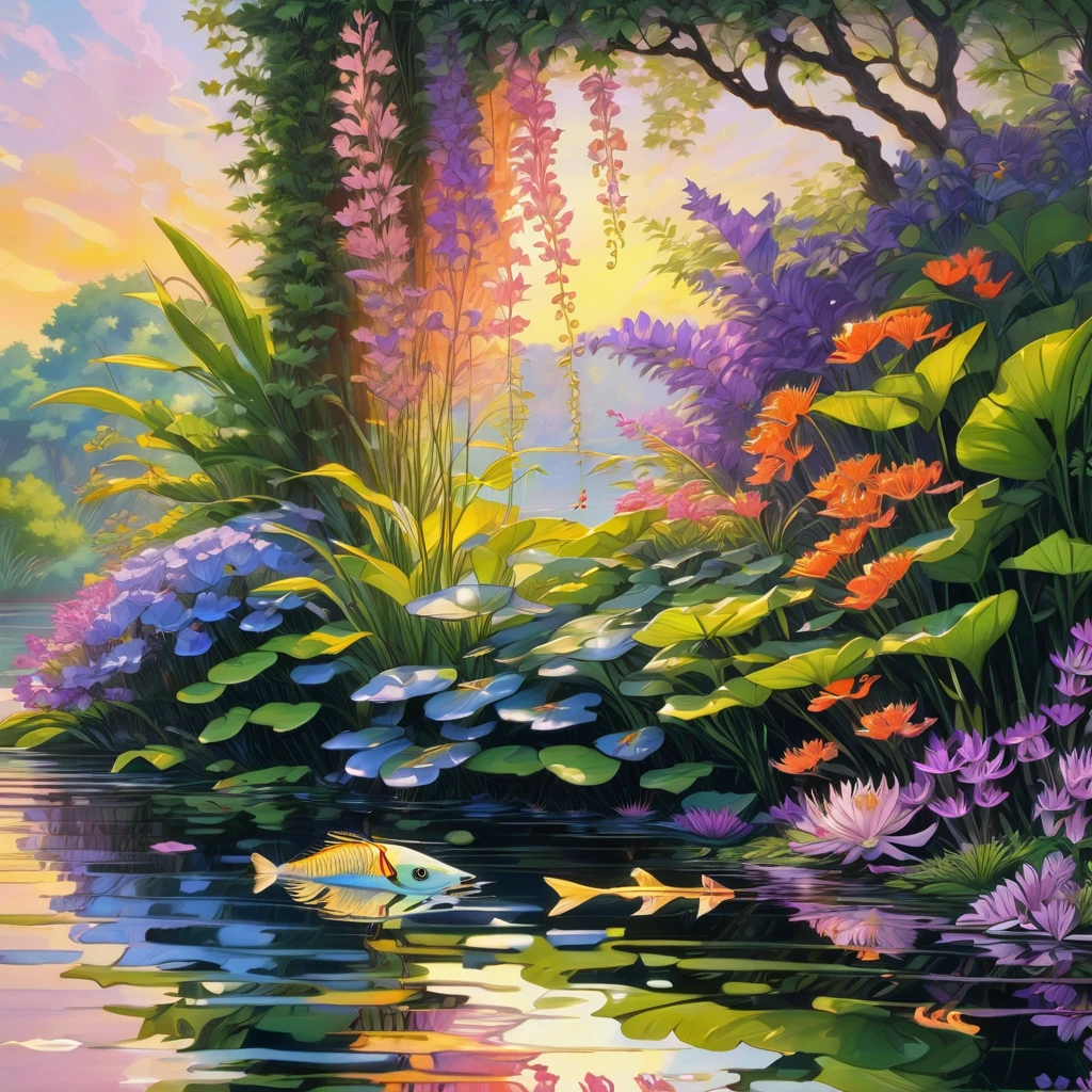 Evening Pond, aesthetic, A tranquil evening scene of a pond surrounded by lush vegetation, reflecting the warm glow of the setting sun on its calm surface. The medium used to create this artwork is oil painting, providing a rich and textured appearance. The pond is filled with crystal-clear water, allowing the details of the aquatic plants and colorful fish to be visible beneath the surface. The soft, golden light of the setting sun bathes the scene, creating a serene and peaceful atmosphere. The colors used in this artwork are warm and vibrant, with shades of orange, pink, and purple dominating the palette. The lighting in the scene is gentle, with the sunlight filtering through the trees and casting elegant shadows on the water's edge. The overall image quality of this artwork is of high resolution, delivering stunning details that captivate the viewer's attention.