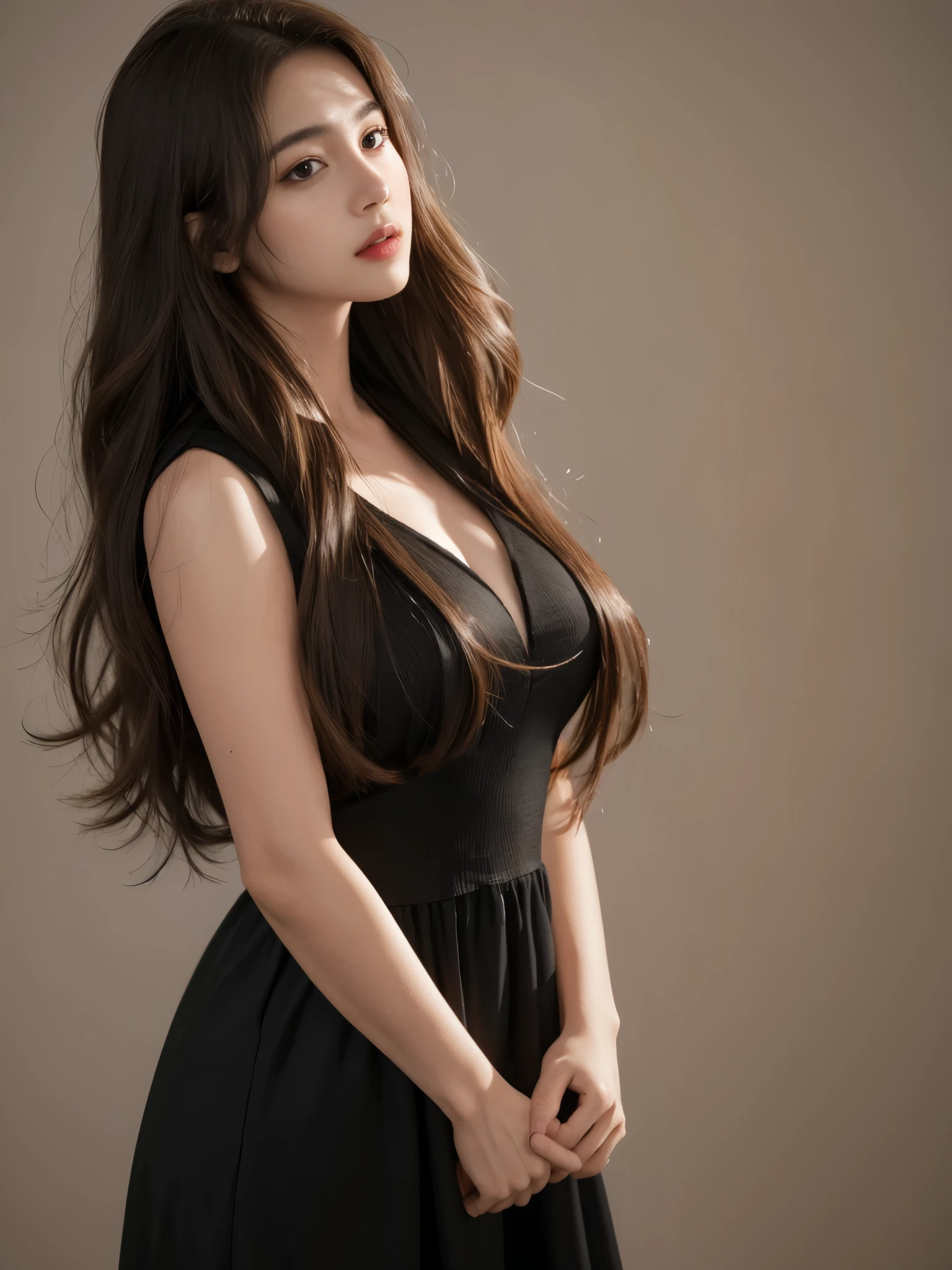 ,1girl,solo,highres,realistic,cowboy_shot,front view,looking_at_viewer,long hair,brown and black dress,