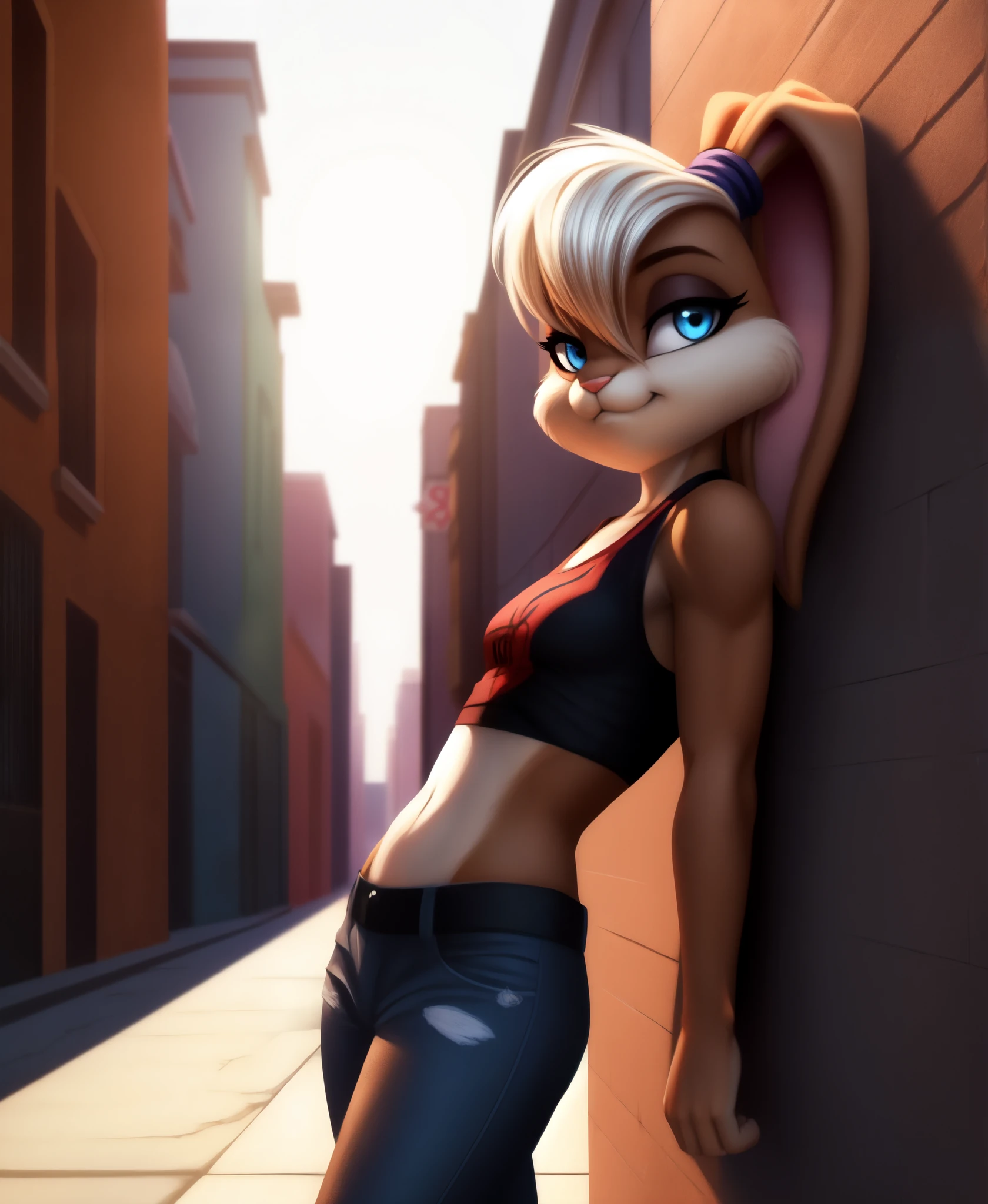 masterpiece, best quality, high contrast, sharp focus, 1girl, rabbit girl, lolabunny (slim body:1.2), picture of a punk girl wearing casual clothes, picture of a fit girl, solo, perfect lighting, detailed eyes, blue eyes, rabbit ears, rabbit girl, furry, brown skin, half-closed eyes, leaning on wall, posing, freeze frame, in a street