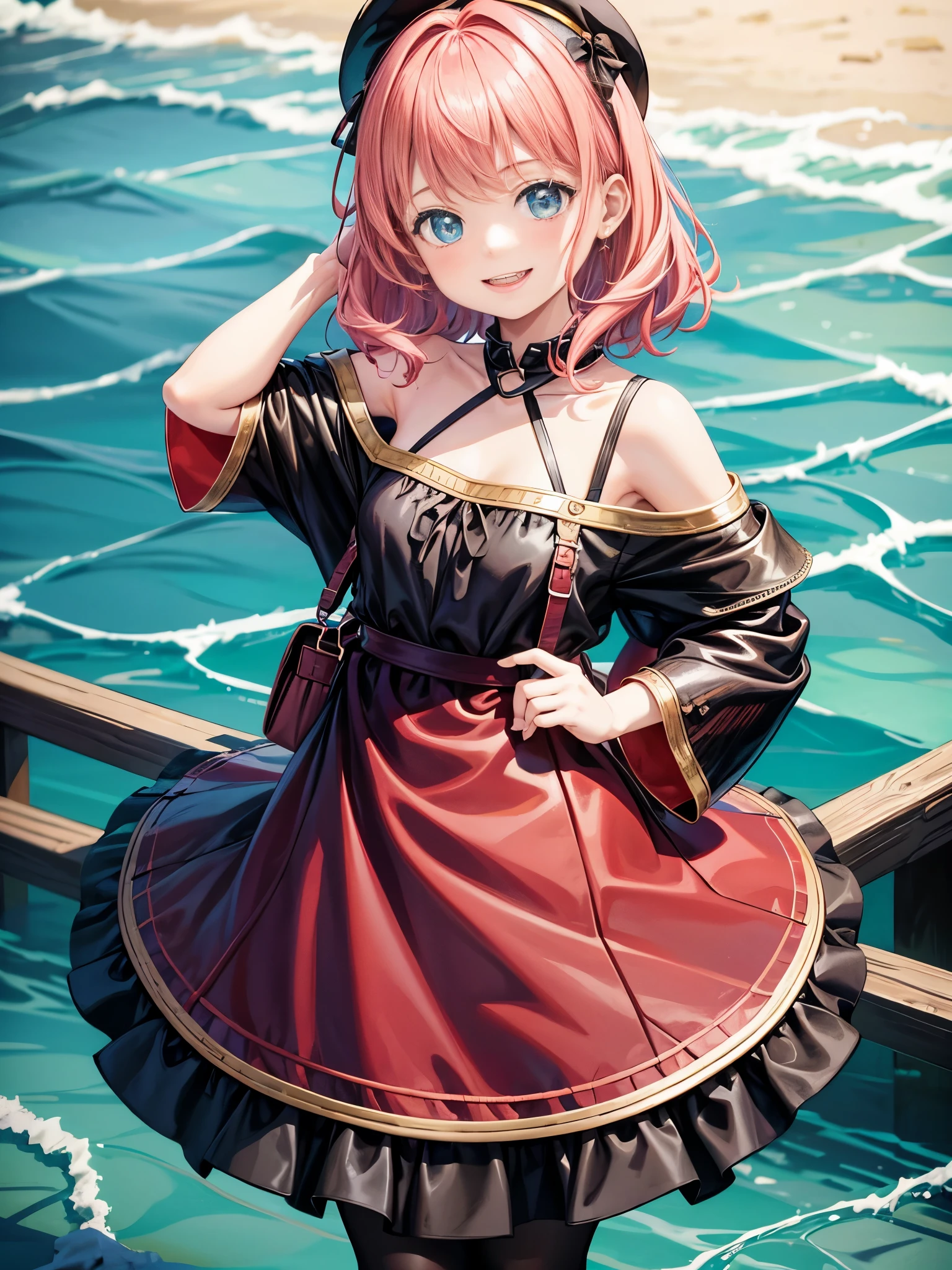 1 girl, solo, Anya_Forger, young woman, 20yo, medium breasts, short girl, short over the shoulders hair, wavy hair, pink hair, sidebangs, cute hairpin, long azure skirt, black pantyhose, elegant black blouse, cute red hat, shoulder look, smiling, hand_combing_hair, oversaturation, dreamlikeart