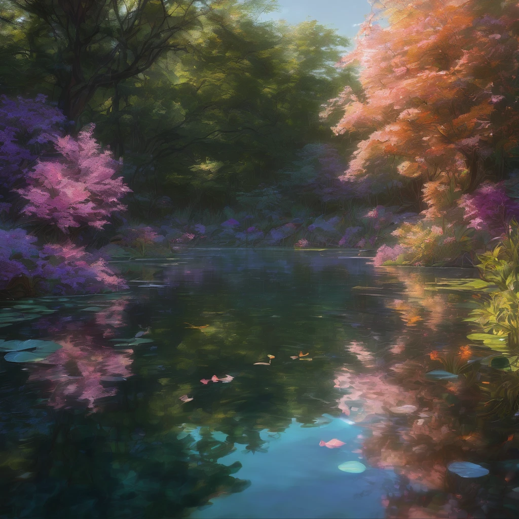 Evening Pond, aesthetic, A tranquil evening scene of a pond surrounded by lush vegetation, reflecting the warm glow of the setting sun on its calm surface. The medium used to create this artwork is oil painting, providing a rich and textured appearance. The pond is filled with crystal-clear water, allowing the details of the aquatic plants and colorful fish to be visible beneath the surface. The soft, golden light of the setting sun bathes the scene, creating a serene and peaceful atmosphere. The colors used in this artwork are warm and vibrant, with shades of orange, pink, and purple dominating the palette. The lighting in the scene is gentle, with the sunlight filtering through the trees and casting elegant shadows on the water's edge. The overall image quality of this artwork is of high resolution, delivering stunning details that captivate the viewer's attention.