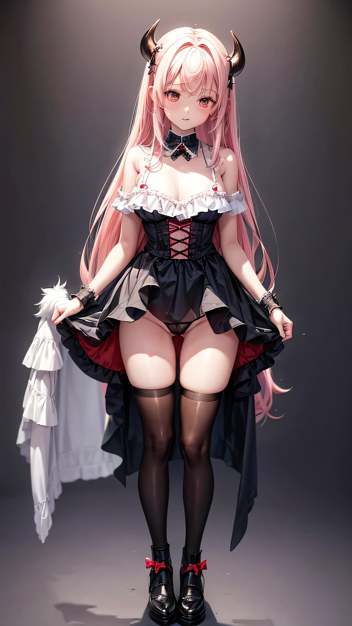 very cute devil and angel、14 year old girl(2 people)、(Breast size according to age)、standing position、full body shot、(Knee high up to the thighs)(topless)、not wearing panties、doggy style、