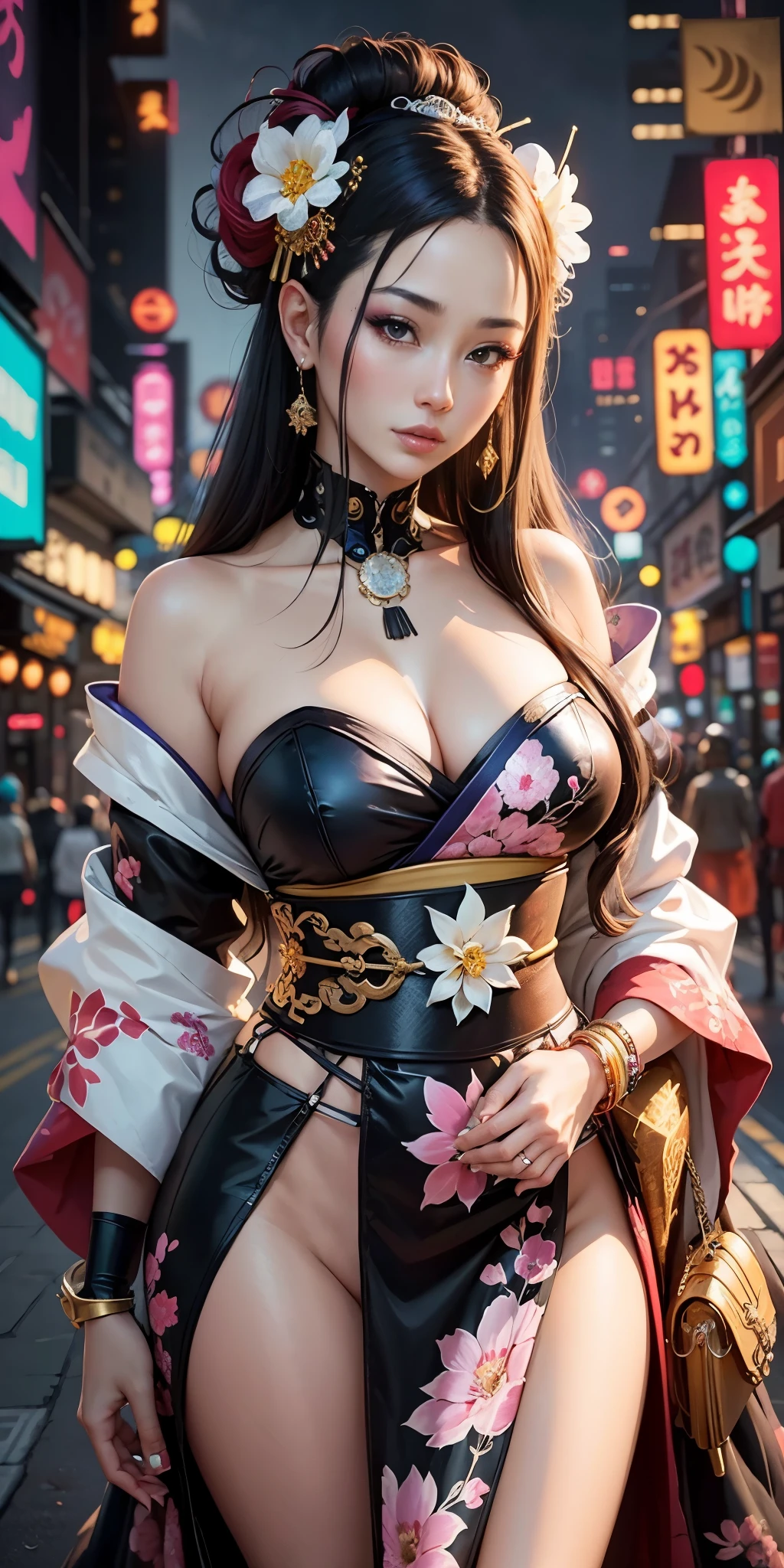 ((hyperrealistic, photorealistic, 8k, intricate details)) masterpiece, beautiful young and sweet queen of cyberpunk hot geisha, geisha goddess, geisha queen, fleshy lips, full breasts, silky skin, with flowing hair, hyper realistic, wearing sensual pink and white kimono with neon flowers drawn, wearing jeweled rings and bracelets, walking (full body) in cyberpunk Japan (side lighting, insanely detailed cyberpunk background).