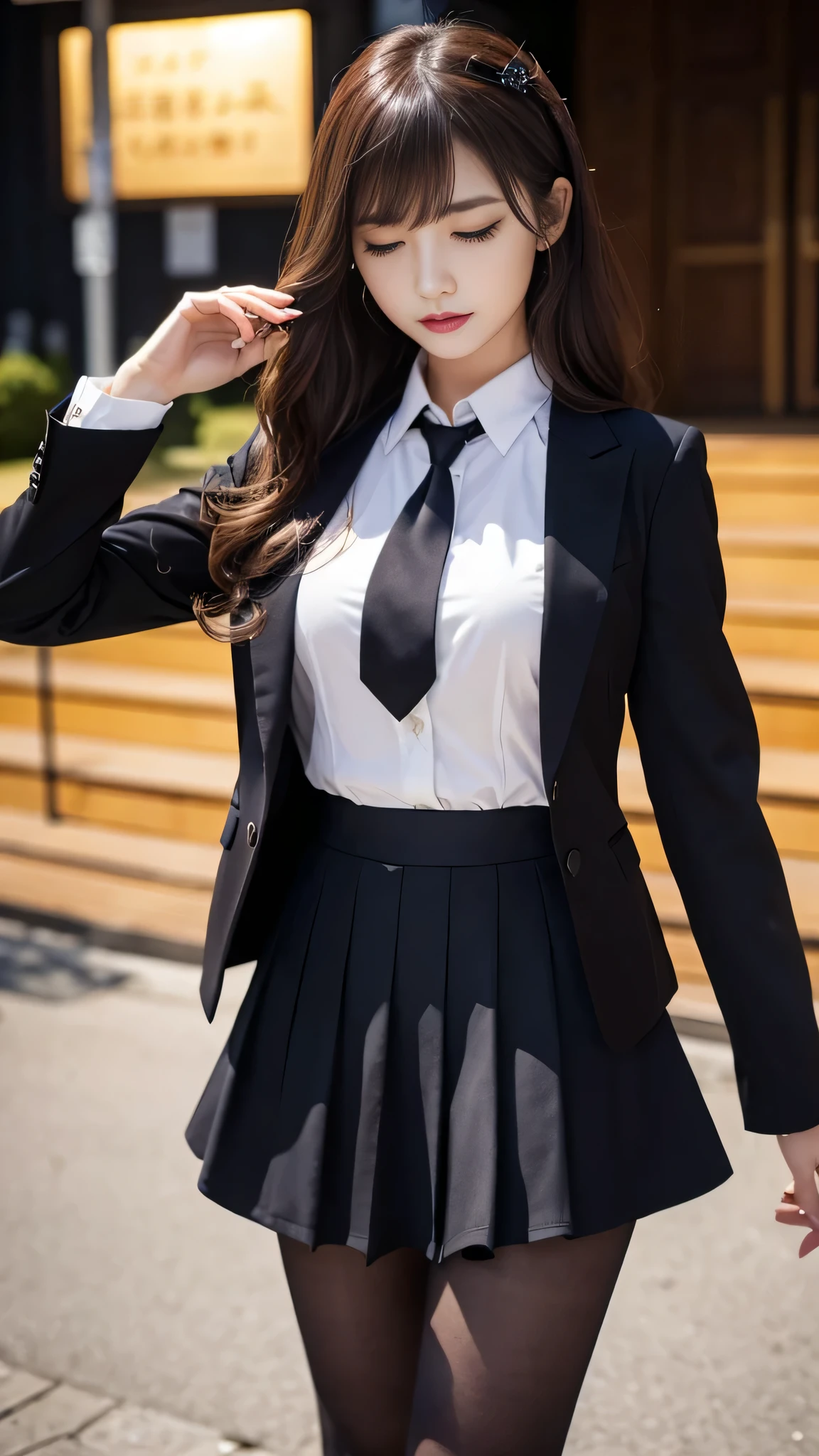 ltra-detailed、Japanese、attractive beauty、seductive adult woman、pretty woman、piercing eyes、cool girl、wavy hair、swept bangs、Female student、suit、Jacket、shirt、ribbon、blouse、Tight Skirt、pantyhose、beautiful feet、Evil cadres、evil depravity、brainwash、mind control、lipstick、smirk、dark makeup、hollow eyes,half-closed eyes、evil look、evil、empty eyes、evil、church at night、vampire、succubus、vampire、Swear allegiance、stand、