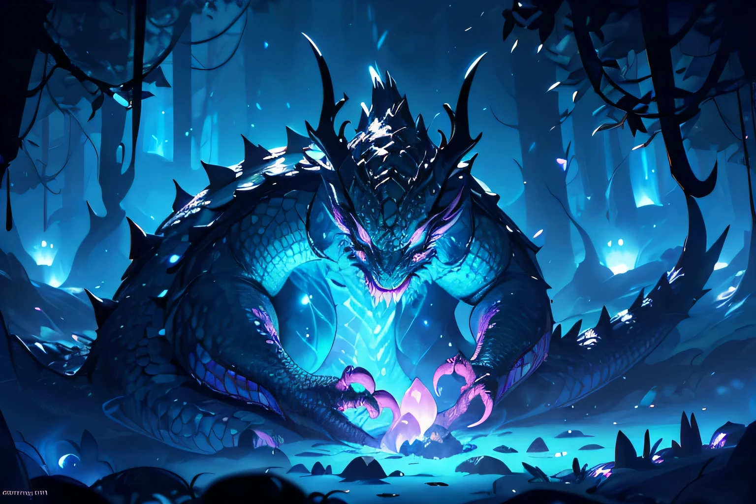 An evil dragon peacefully sleeping at the heart of a mysterious, dark cave, illuminated by the soft glow of bioluminescent fungi casting an eerie blue light, scales shimmering in the darkness, intricate details capturing the majestic creature's power and serenity, fantasy illustration, high contrast shadows enhancing the atmosphere,