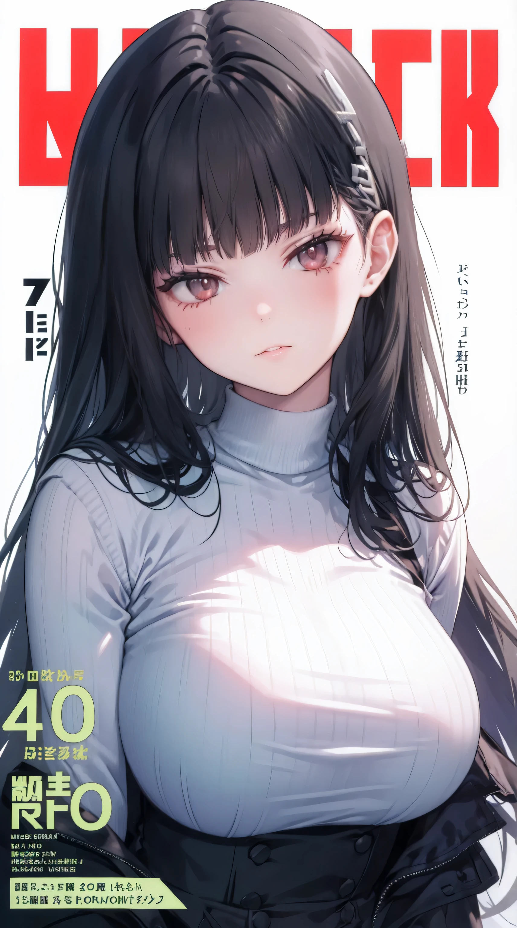 solo girl, upper body, white shirt, dark green hair, purple eyes, (8k, hyper-realistic art, high resolution), ultra-realistic, blushing, smile at the audience, (magazine cover), soft lighting, neutral color palette.