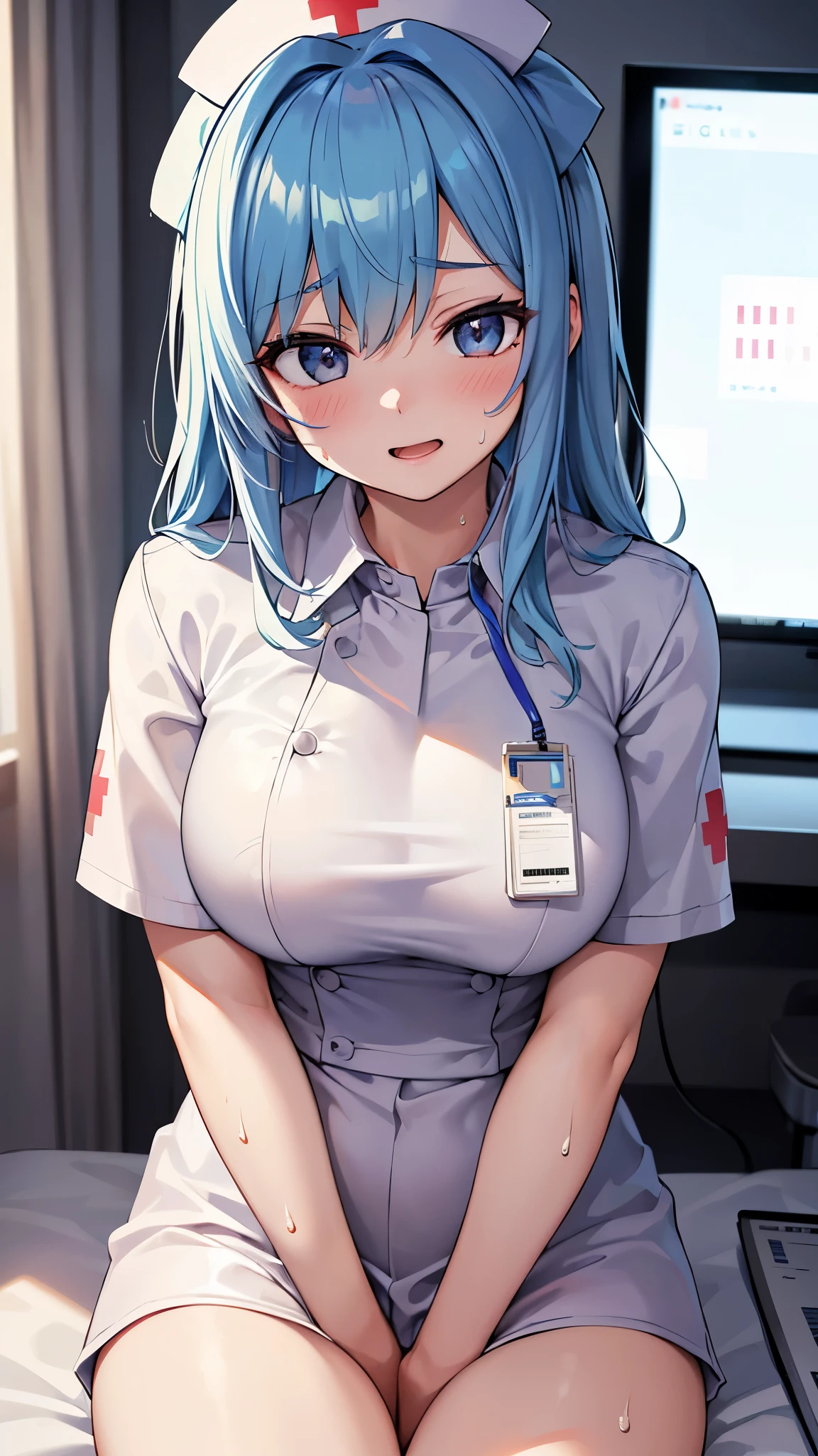 1 girl, short hair, light blue hair, white nurse outfit , thighs, butt showing, black bra, blush,  smile, happy, hospital room, glowing, wallpaper, sidelighting,