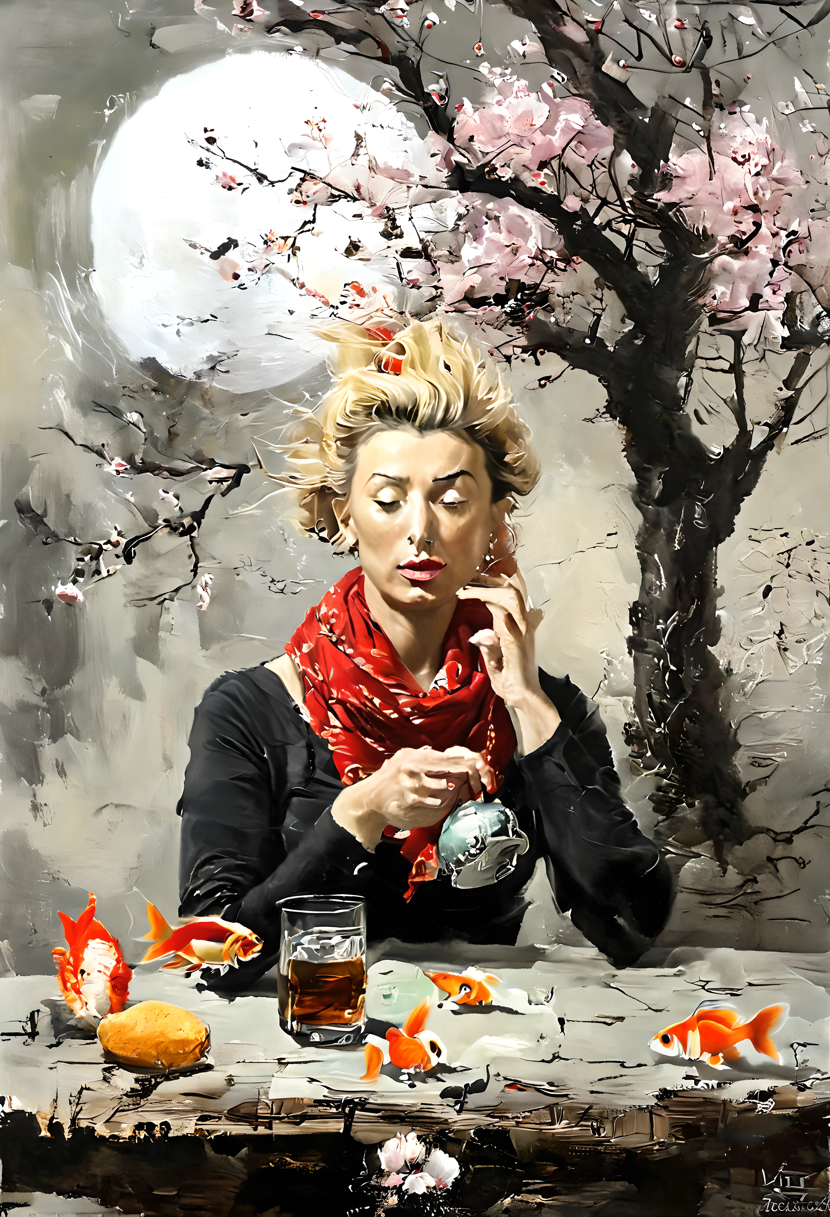 oil painting, ((portrait of a blonde woman2,0)) with a nest with eggs and a goldfish on his head, ((the wind blows your hair1,7)), ((goldfish in the air)), magic carp, glass of whiskey on the table, cherry blossom branches, (red scarf around the neck), magical realism, whimsical art;, Highly conceptual figurative art, Surrealist and fantasy art, эмоциональное Surreal art, Surrealist conceptual art, Surreal painting, hyperrealistic surrealism, Salvador Dali, Elisa Anfuso, Surreal art, whimsical surrealism, surreal digital artwork, fantasy art realistic painting, fabulous surrealism