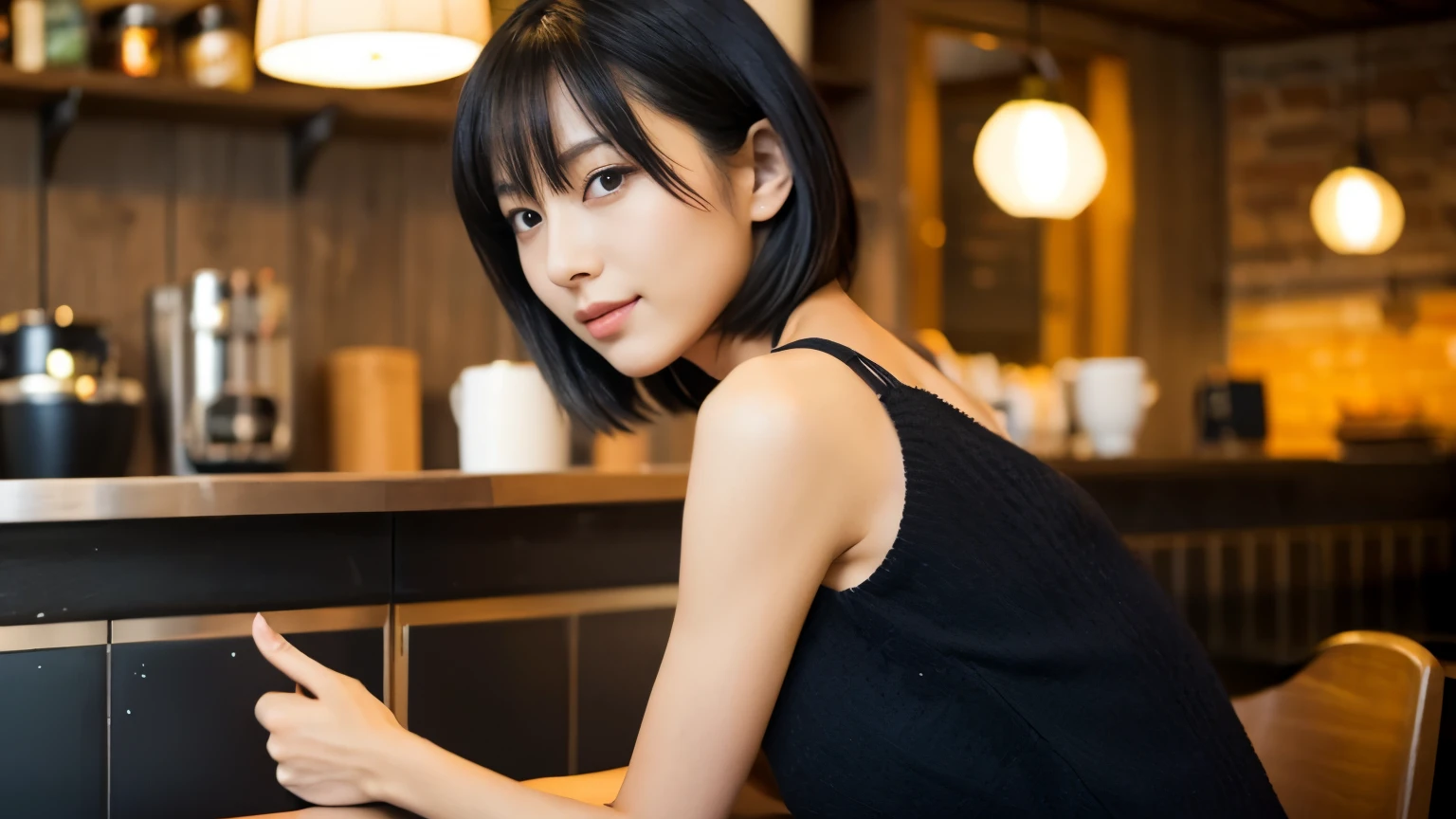 japanese woman, 30 years old, slender body shape, small breasts, very thin waist, beautiful face, beautiful eyes, black short hair, She wears tight, Short gray knit dress with open back design., Sitting in a fashionable café, look back at you kindly, 1 girl, alone, detailed face and eyes, small fingers and arms. full body photo. realistic, realistic.