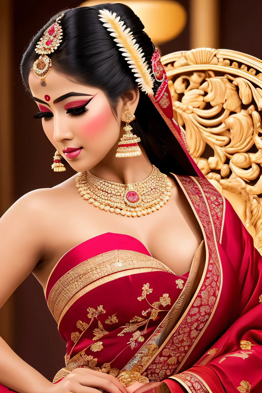 Portrait of an very fair and beautiful indian dressed like a geisha, geisha make up, realistic, perfect figure, busty, ultra seductive, erotic, lusty expression ,UHD, covered, show full length body