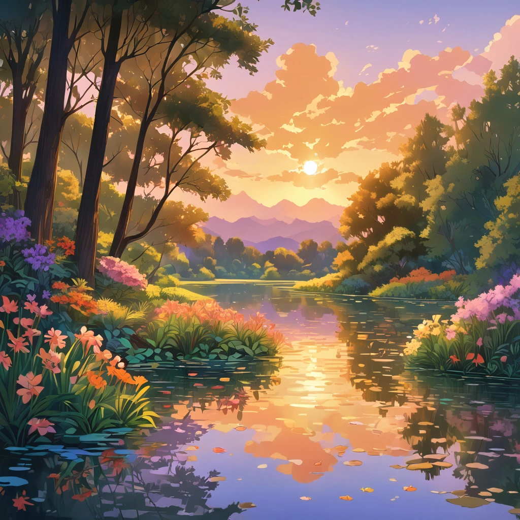 Evening Pond, aesthetic, A tranquil evening scene of a pond surrounded by lush vegetation, reflecting the warm glow of the setting sun on its calm surface. The medium used to create this artwork is oil painting, providing a rich and textured appearance. The pond is filled with crystal-clear water, allowing the details of the aquatic plants and colorful fish to be visible beneath the surface. The soft, golden light of the setting sun bathes the scene, creating a serene and peaceful atmosphere. The colors used in this artwork are warm and vibrant, with shades of orange, pink, and purple dominating the palette. The lighting in the scene is gentle, with the sunlight filtering through the trees and casting elegant shadows on the water's edge. The overall image quality of this artwork is of high resolution, delivering stunning details that captivate the viewer's attention.