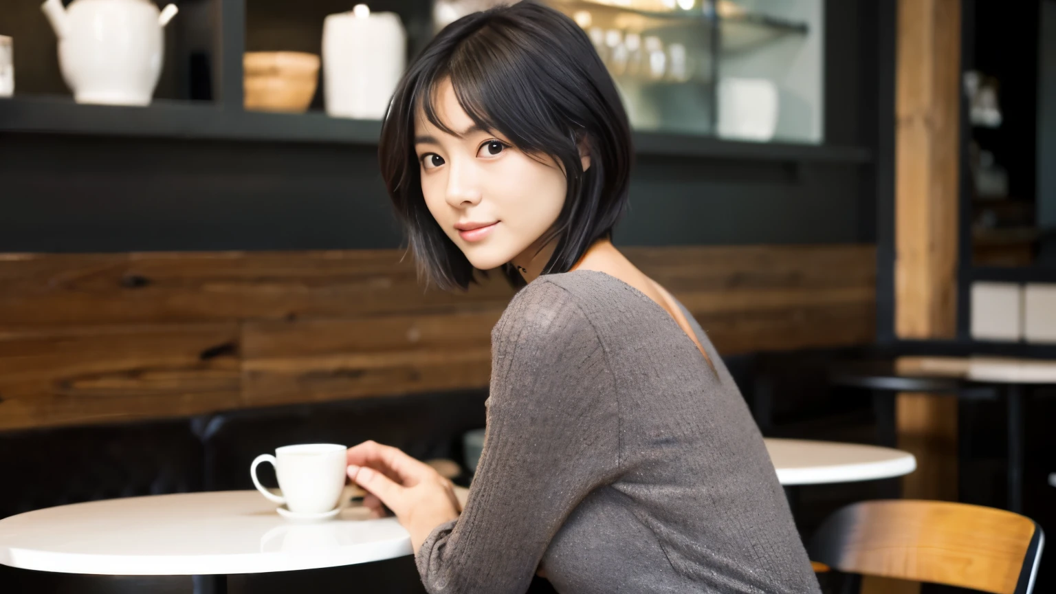 japanese woman, 30 years old, slender body shape, small breasts, very thin waist, beautiful face, beautiful eyes, black short hair, She wears tight, Short gray knit dress with open back design., Sitting in a fashionable café, look back at you kindly, 1 girl, alone, detailed face and eyes, small fingers and arms. full body photo. realistic, realistic.