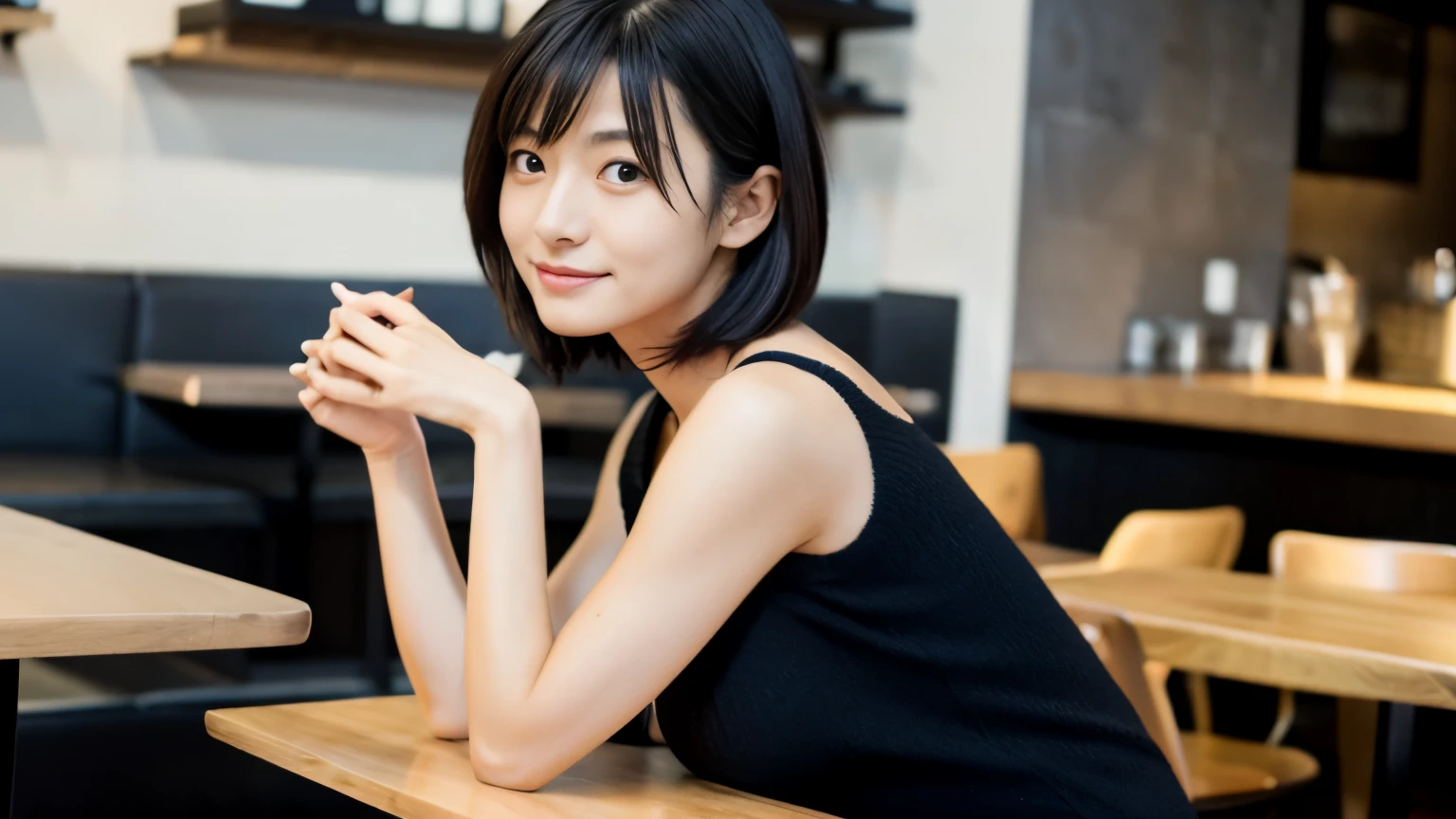 japanese woman, 30 years old, slender body shape, small breasts, very thin waist, beautiful face, beautiful eyes, black short hair, She wears tight, Short gray knit dress with open back design., Sitting in a fashionable café, look back at you kindly, 1 girl, alone, detailed face and eyes, small fingers and arms. full body photo. realistic, realistic.