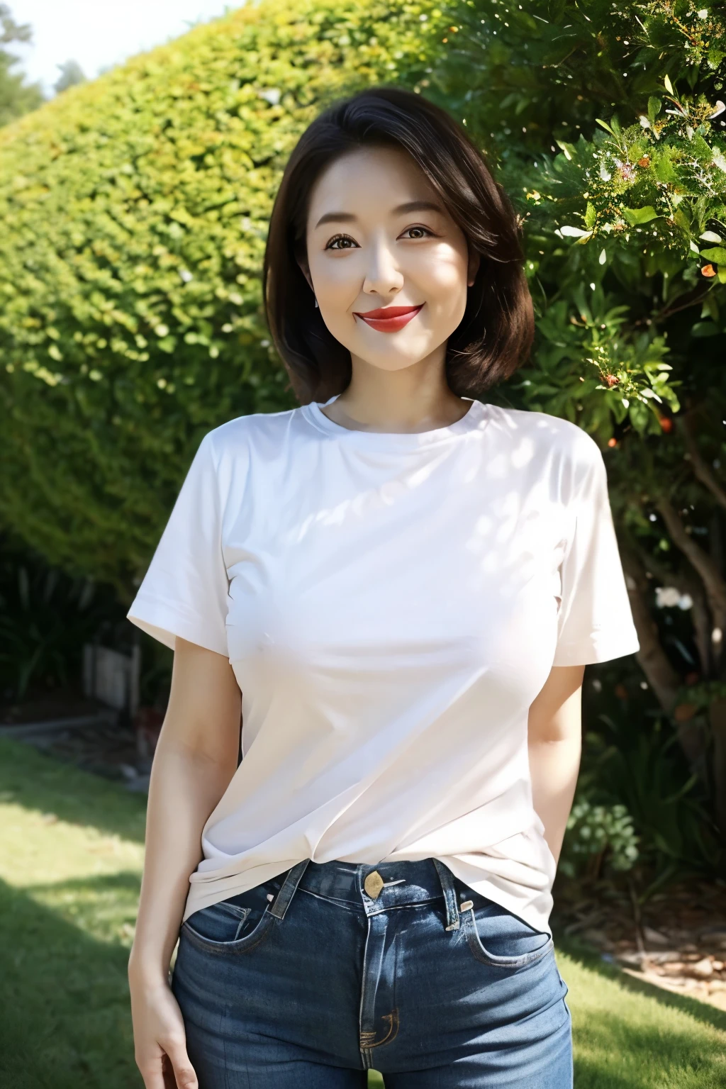 Draw lips correctly, red lipstick, from chest up, best quality, Super detailed, lifelike, Super fine skin, perfect anatomy, (1 日本Mature的女人), (alone),Wear a white crew neck shirt,
short sleeves,red jeans,,short hair,37-year-old female,Mature,charming smile,outdoor background,stand,Leg length,Chubby body,Big breasts,stand up,full-body shot