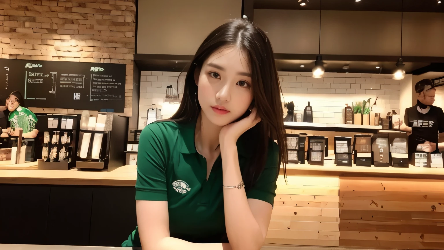 ((highest quality、8K、masterpiece:1.3))、sharp focus:1.2、beautiful woman with perfect body:1.4、(black polo shirt)、(Inside the Starbucks store:1.2)、Highly detailed face and skin texture、 detailed eye、double eyelid、sunburned肌、Sexy、sunburned
