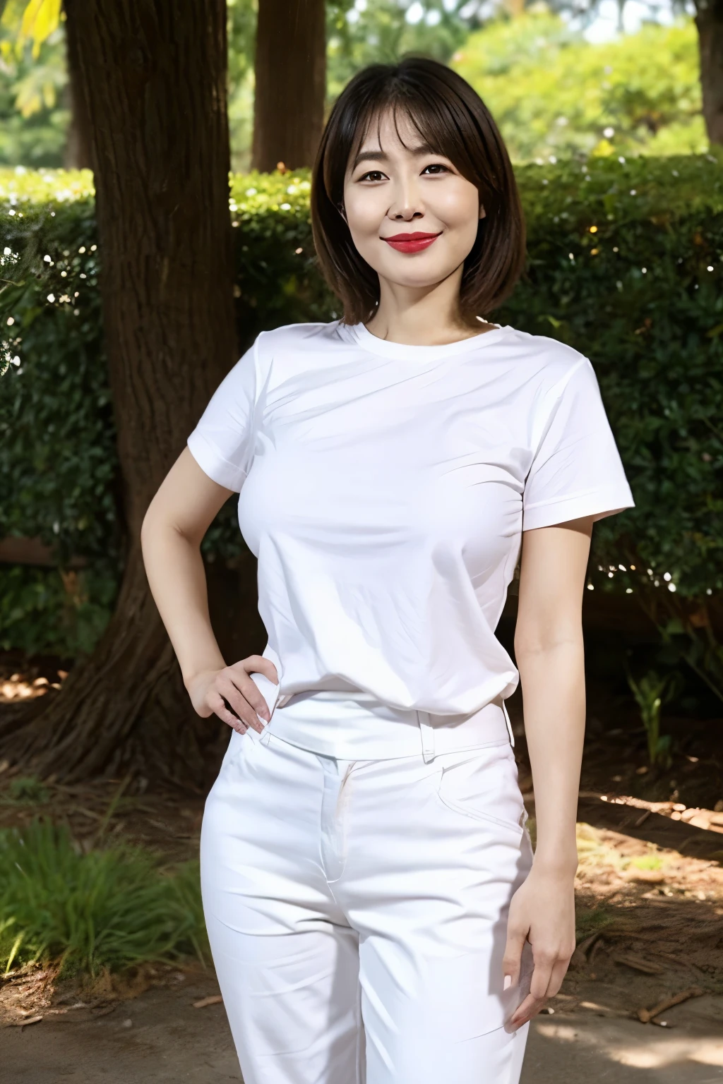 Draw lips correctly, red lipstick, from chest up, best quality, Super detailed, lifelike, Super fine skin, perfect anatomy, (1 日本Mature的女人), (alone)，Wear a white crew neck shirt， short sleeves，red pants，，short hair，37-year-old female，Mature，charming smile，outdoor background，stand，Leg length，Chubby body，Big breasts，stand up，full-body shot