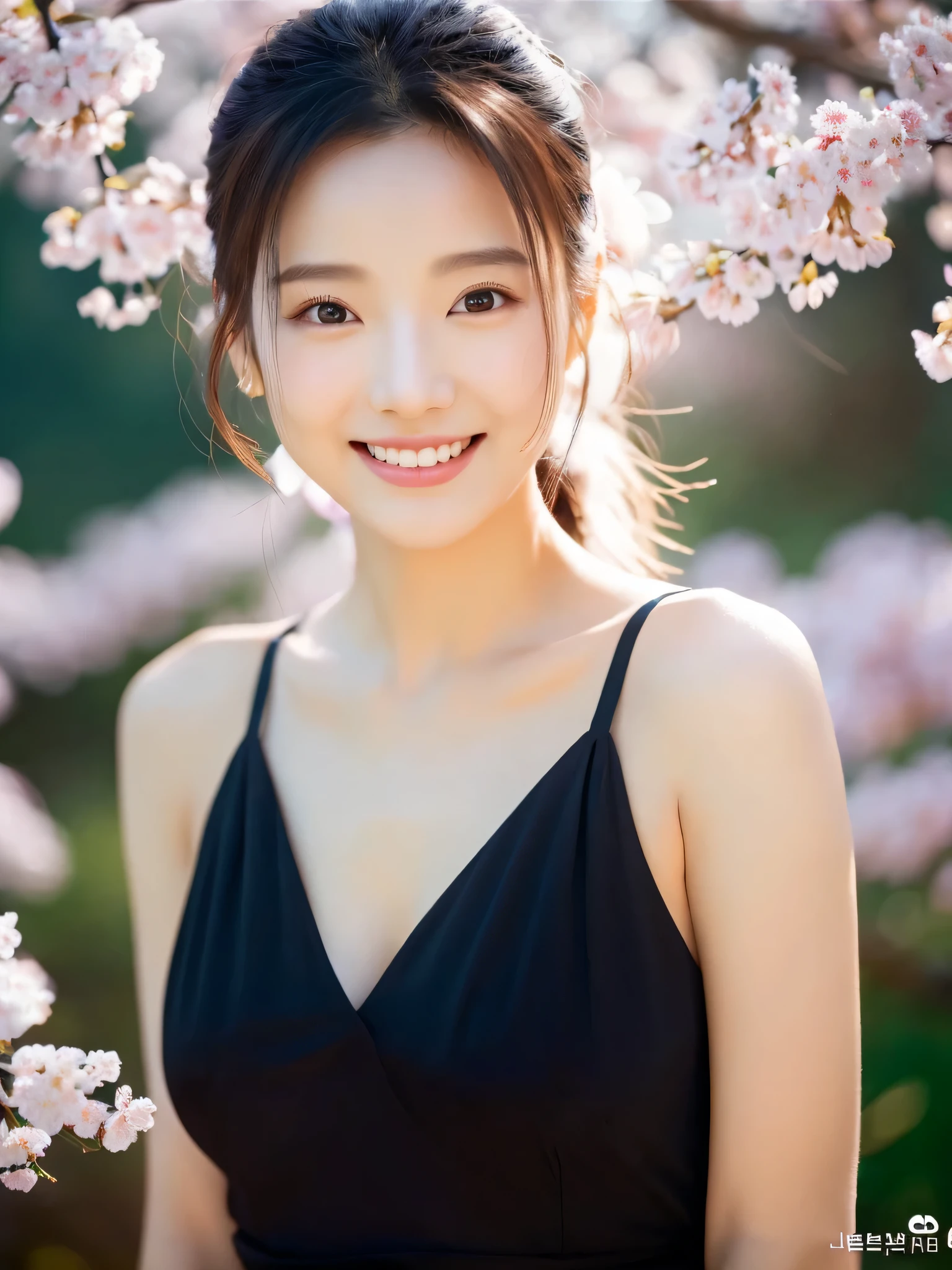 1 Attractive、((highest quality、8K masterpiece:1.3))、sharp focus:1.2、(super beautiful face:1.0)、(shiny skin:1.0)、realistic pictures、black haired、black eye、video writing、High resolution eyes and face、video writing、(cute korean actress)、from the front、beautiful breasts、smile、The beauty of slender abs、whole body、Wearing a see-through T-shirt、On a hill with falling cherry blossoms