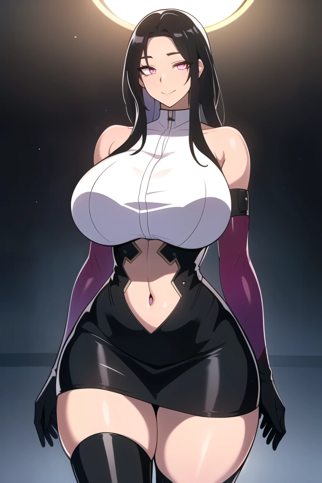 masterpiece, best quality, absurdres, 8k, perfect shadows,perfect lighting,hdr, cowboy shot,shiny skin,skindentation, beautiful body, kafka, ((black hair: 1.4)), long hair, (crimson eyes: 1.4), ((black crop top : 1.1), (underboob : 1.1), elbow gloves, thigh boots, split skirt, bare shoulders, curvy, midriff, curvy, thighs, higheels, shiny clothes), complex detailed background, inside, luxury palace) (gigantic ,hourglass body, thin waist,very slim waist)extremely detailed face,detailed eye makeup, detail face, nice detailed eyes,nice hands, perfect hands (realistic pupils,realistic iris:1) heavy eye makeup,glowing eyes, Bright eyes,standing,standing at attention,(seductive smile), (gigantic breasts, curvy, cowboy shot,