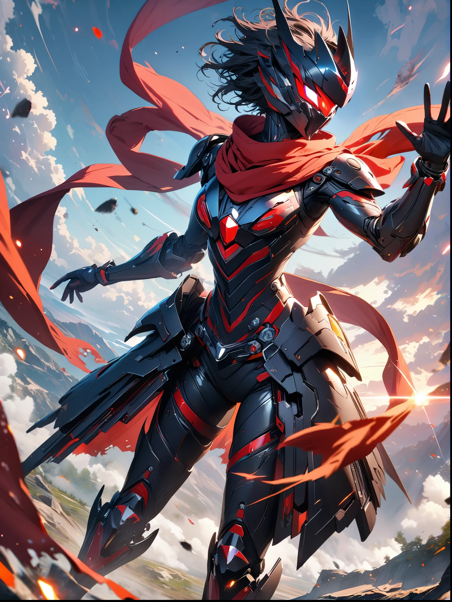 8K resolution, ((highest quality)), ((masterpiece)), ((super detailed)), (very delicate and beautiful), Kamen Rider, Hero, Wearing black armor, wearing a red scarf, A red scarf is waving in the wind, special effects, cool, whole body